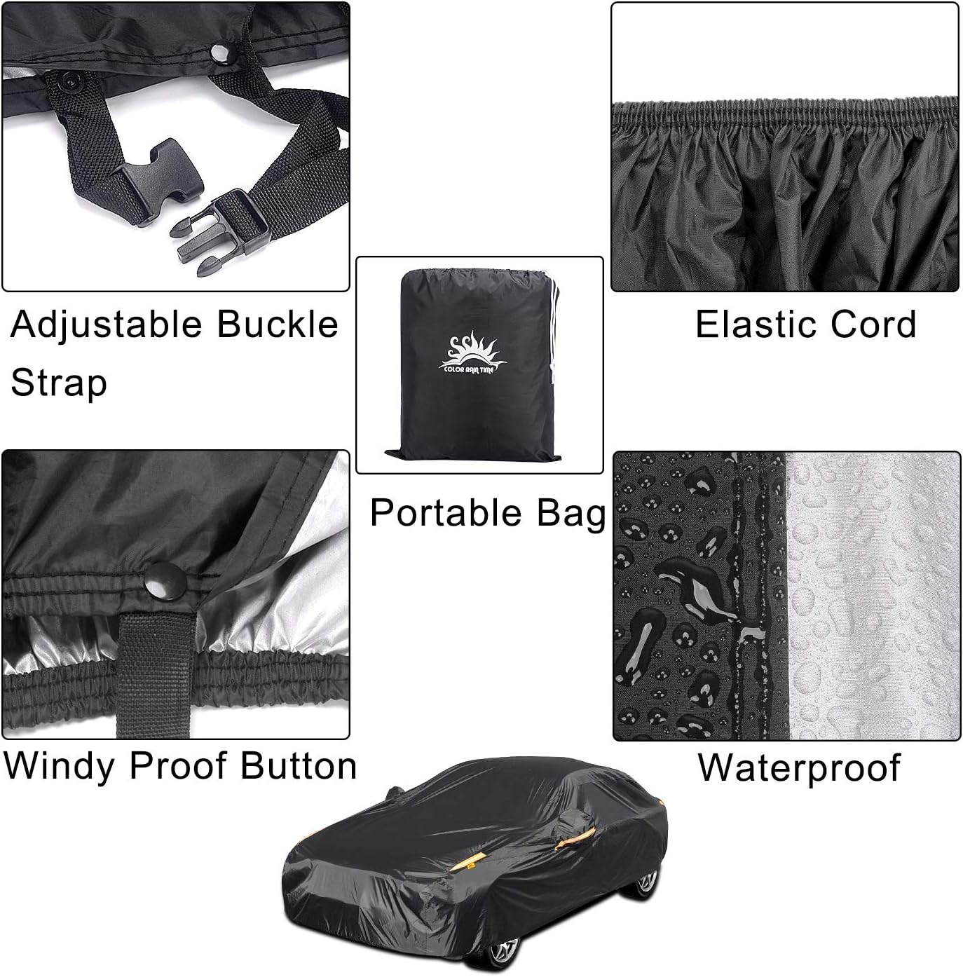 COLOR RAIN TIME UV Protection Car Cover Windproof Dustproof Scratch Resistant Outdoor Universal Full Car Covers for Sedan XL (Black, 191