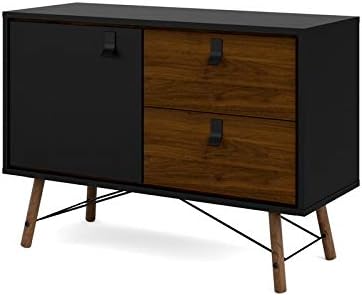 Home Square Contemporary 2 Piece Furniture Set with 1 Door 2 Drawer Sideboard and 1 Drawer 1 Door 1 Glass Door China Cabinet in Black Matte and Walnut