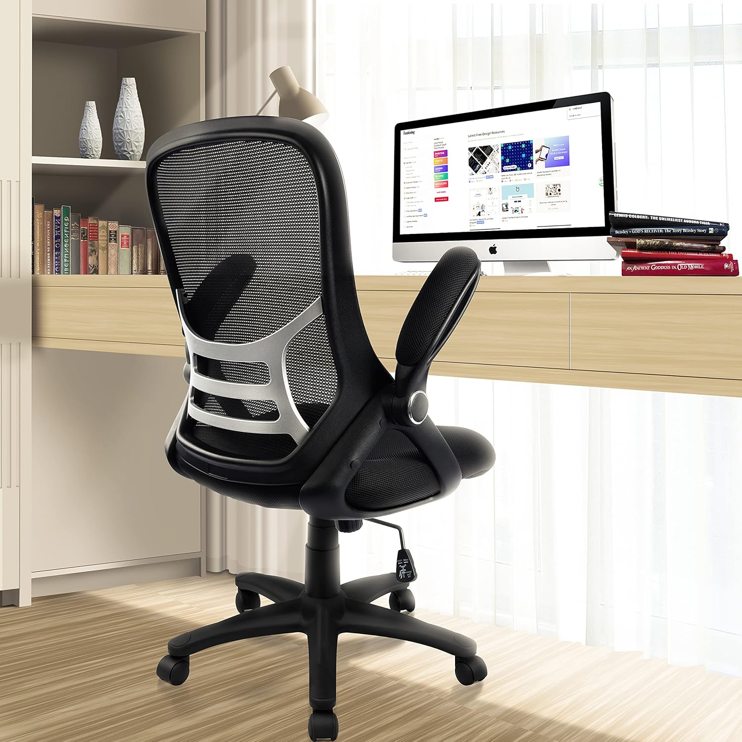 Office Chair Ergonomic Mesh Swivel Computer Task Desk Chair Comfortable, Flip-up Arms, Adjustable Height, Black