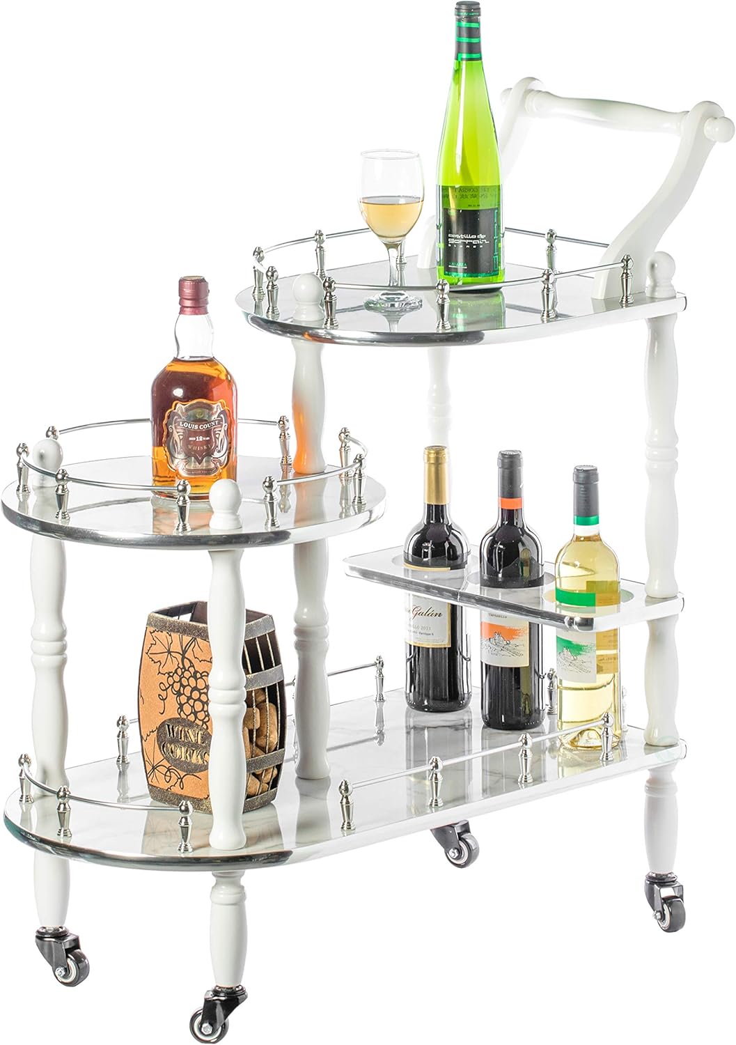 Bold Tones Wood Serving Bar Cart Tea Trolley with 3 Tier Shelves and Rolling Wheels, Gold, Black and White