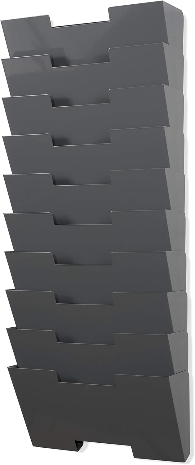 Gray Wall Mount Steel Vertical File Organizer Holder Rack 10 Sectional Modular Design Wider Than Letter Size 13 Inch Multi-Purpose Organize Display Magazines Sort Files and Folders Pack of 2