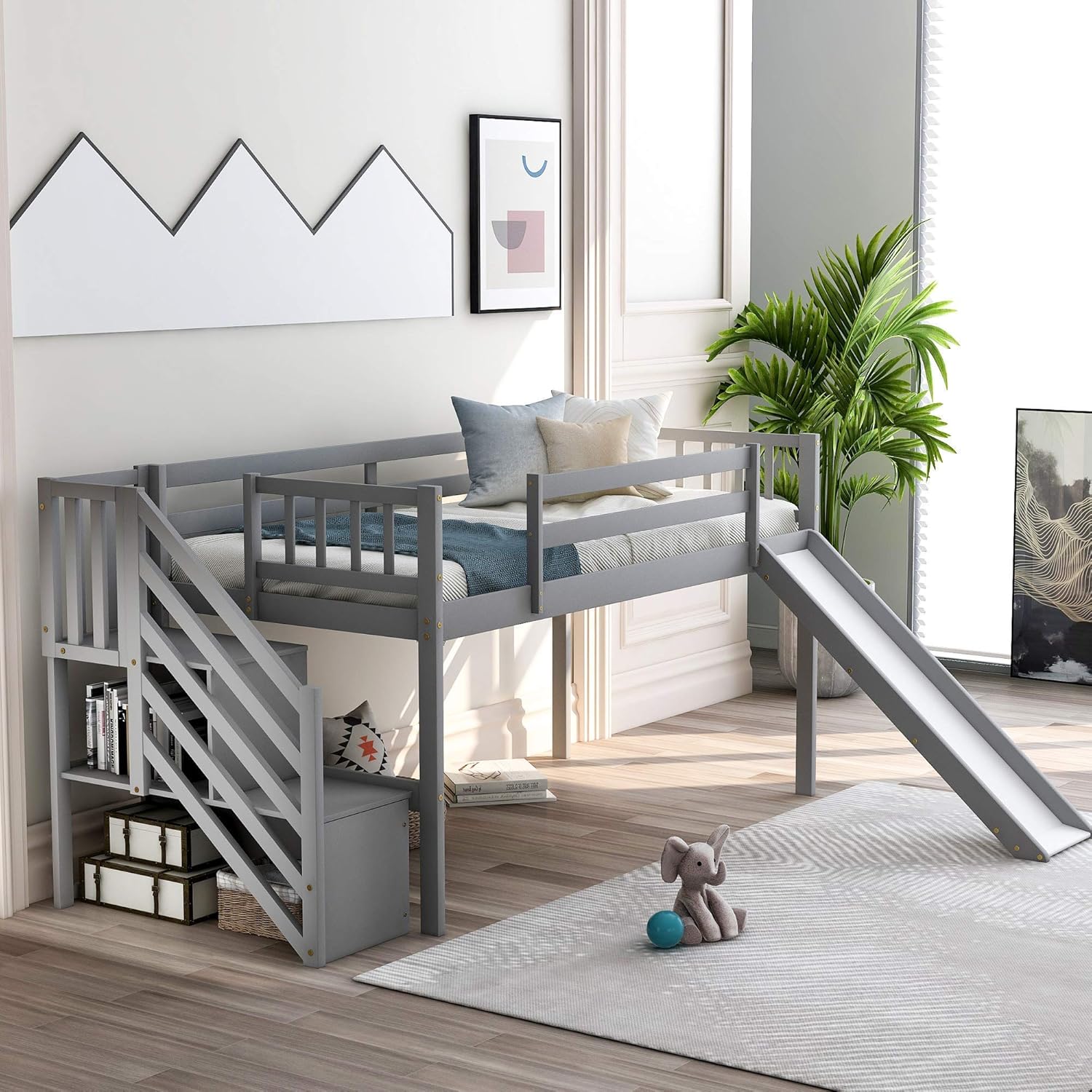 SOFTSEA Low Loft Bed with Stairs and Slide, Twin Low Loft Beds with Two Step Stairs and Storage Space for Bedroom (White)