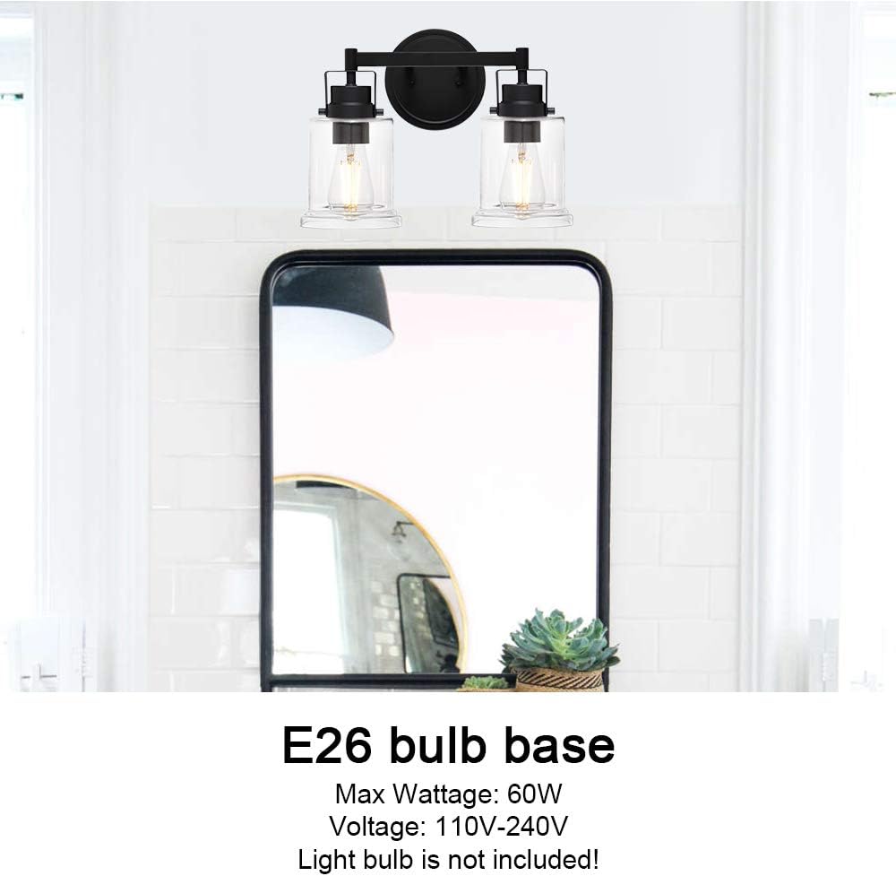 VINLUZ Modern 2-Lights Bathroom Large Glass Shade Sconces Wall Lighting Black Finished Farmhouse Rustic Vanity Lights Fixture Vintage Porch Light Kitchen Hallway Living Room Bed Room