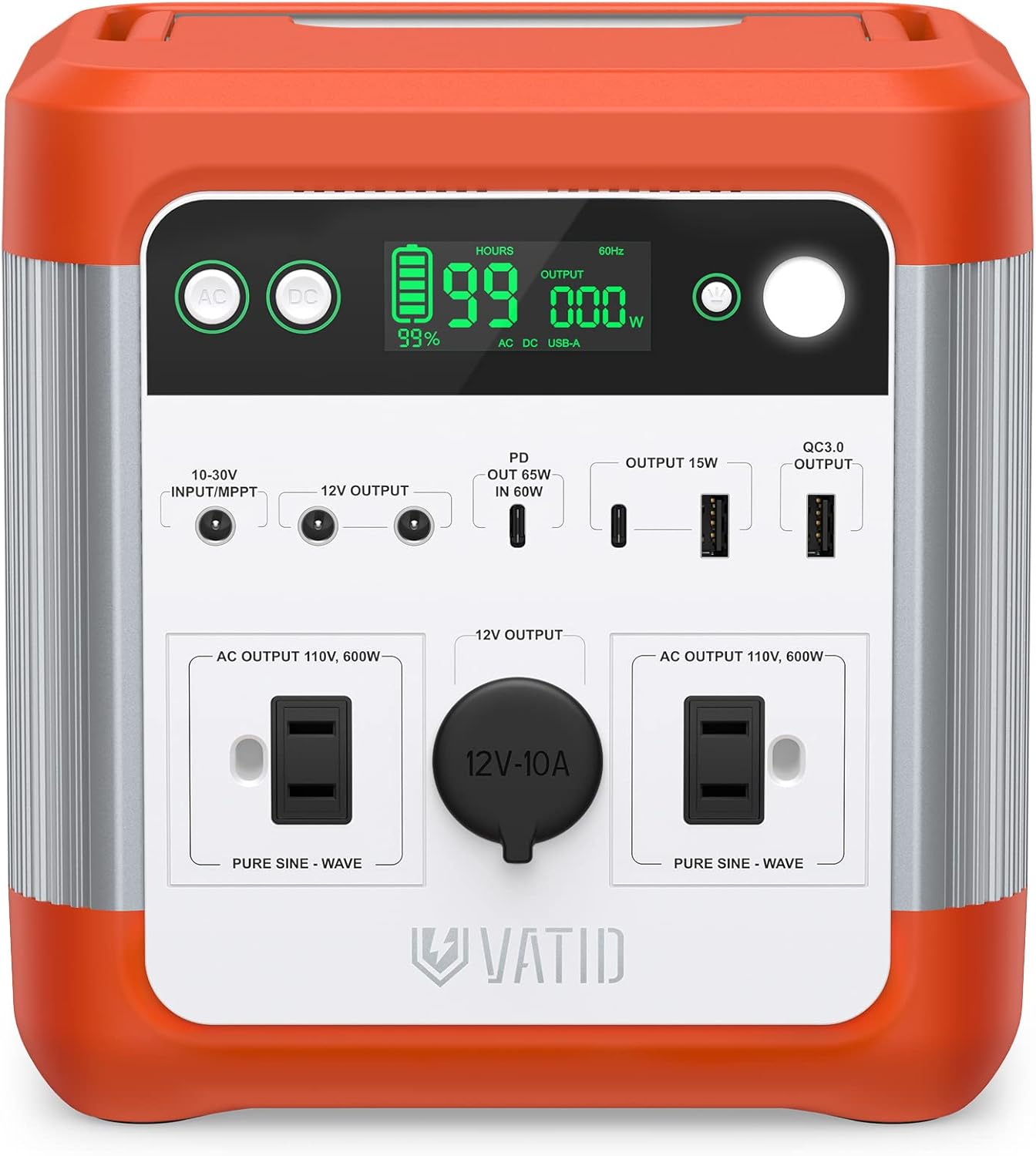 VATID Portable Power Station,1000W Peak(Rated 600W) 518Wh Solar Generator,110V AC,12V Regulated DC,3.5hrs 100% Recharge,Pure Sine Wave,USB PD Input/Output Rechargeable Power Generator