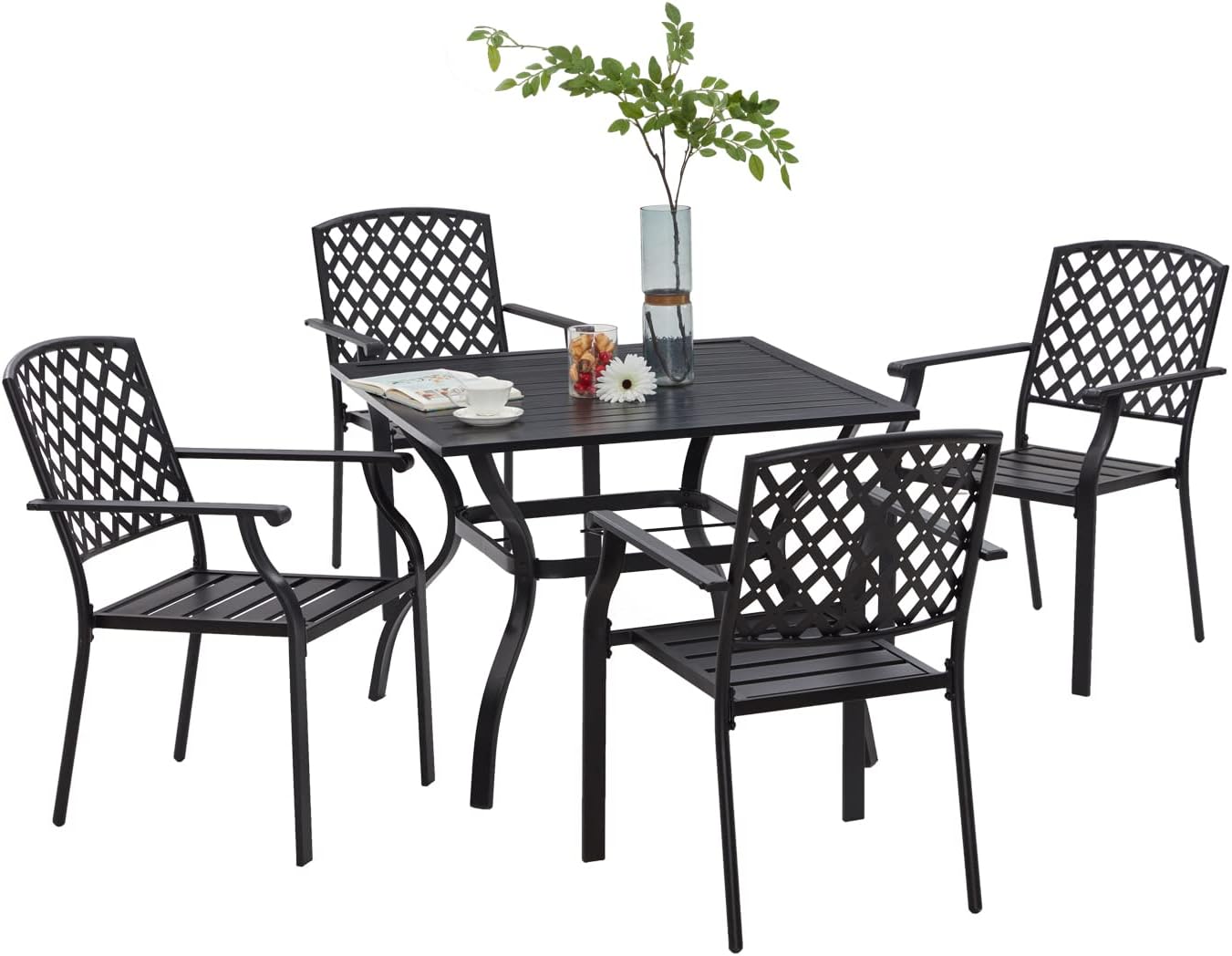 VICLLAX 5-Piece Outdoor Patio Dining Set, Square Walnut Dining Table and 4 Patio Stackable Chairs, Outdoor Furniture Set for 4 Person