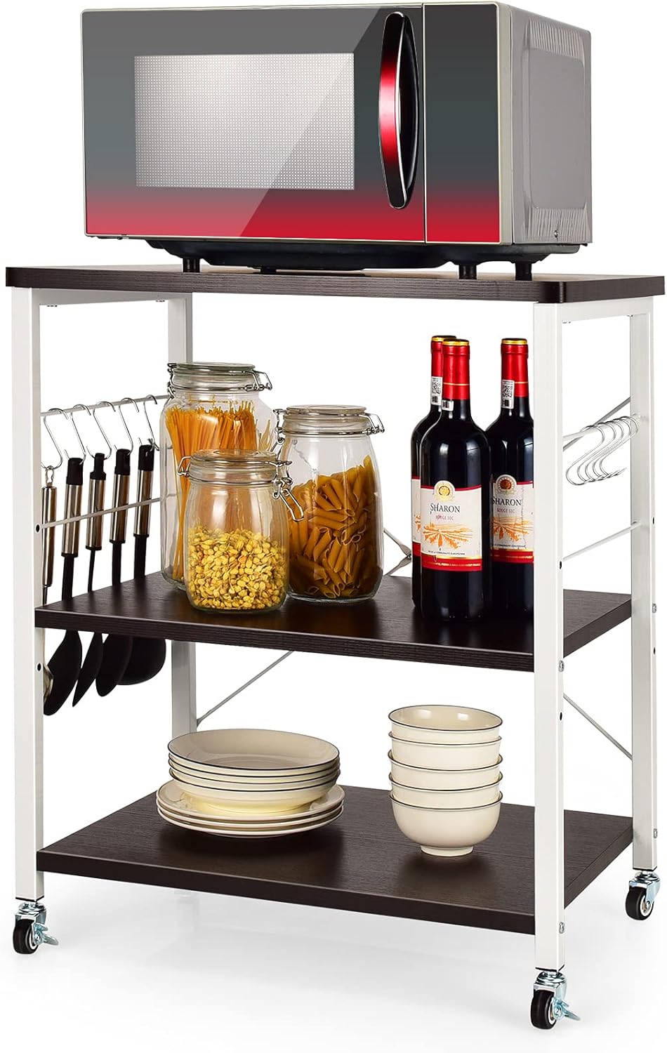 Giantex Kitchen Baker&rsquo;s Rack 3-Tier Microwave Cart on Wheels, Industrial Utility Bar Cart with 10 Hooks Metal Frame Wood Storage Shelves, Rolling Microwave Stand, Maple & White