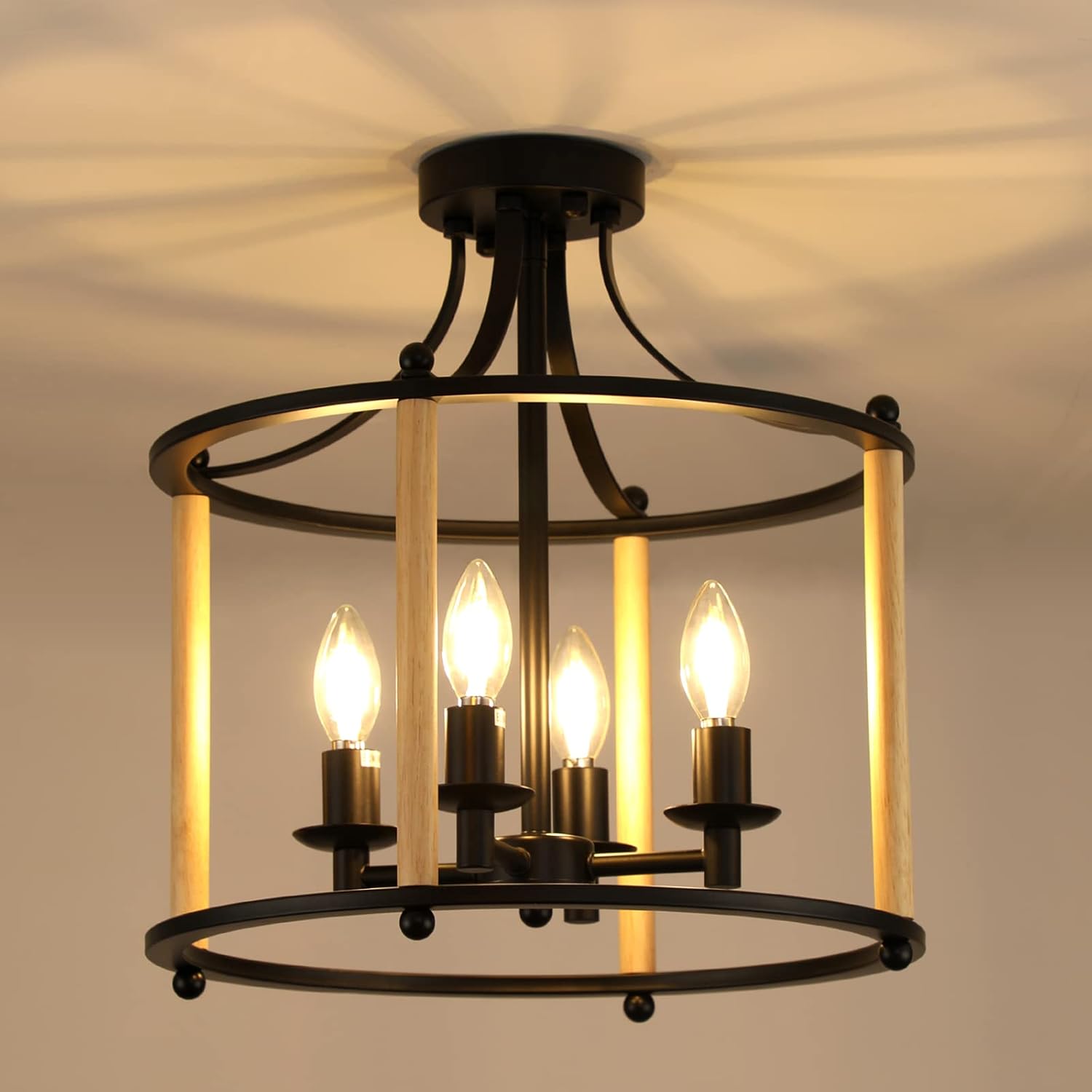 Modern Farmhouse Chandelier, Lantern Pendant Light 9-Light, Geometric Chandeliers with Black Brass Adjustable Metal Light Fixtures for Dining Room Living Room Bedroom Kitchen Island Entryway