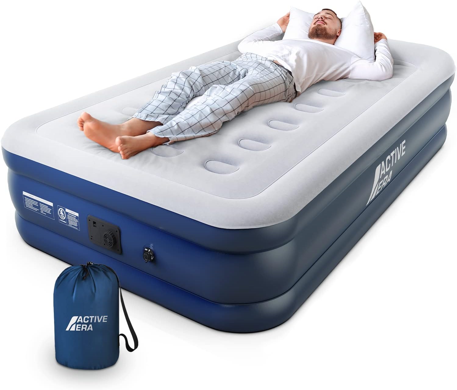Active Era Air Mattress with Built-in Pump - Elevated Inflatable Airbed Queen Twin Single - Puncture Resistant Airbed with Waterproof Flocked Top