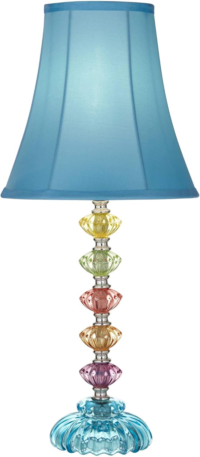 Iris Traditional Bohemian Style Accent Table Lamp with Table Top Dimmer Multi Color Stacked Glass Teal Blue Bell Shade for Kids Room Bedroom Bedside House Nightstand Home - 360 Lighting