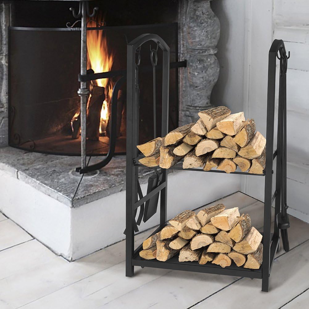 BABYLON Fireplace Tools Log Rack Set with 4 Piece Tools Wrought Iron Black Fireplace Tools Firewood Holder Carrier Storage Rack with Brush Shovel Poker Tongs for Indoor Outdoor, 29.3 x 11.8 x 17.8in