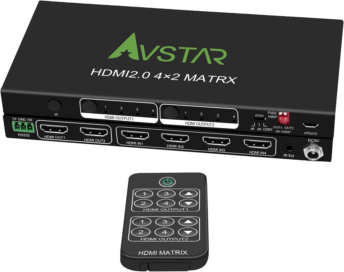HDMI Matrix Switch 4x2 4K 60Hz 4:4:4 HDR Atmos EDID Scaler Switch - 4K 1080P or D-o-l-b-y Vision Atmos Sync, 4K HDMI Down Scale, HDMI Switcher Splitter 4 in 2 Out HDCP2.2, RS232 IR Ext.Cable Remote Pack of 2