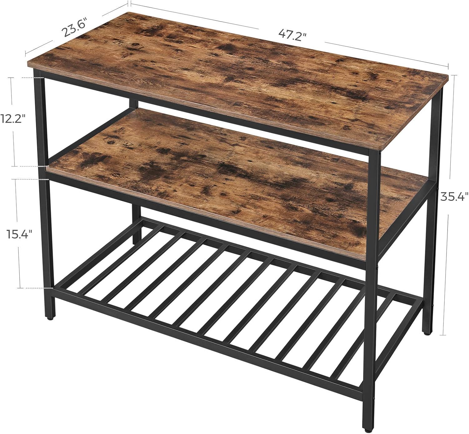 VASAGLE ALINRU Kitchen Island with 3 Shelves, Kitchen Shelf with Large Worktop, Stable Steel Structure, 47.2 x 23.6 x 35.4 Inches, Industrial, Easy to Assemble, Rustic Brown and Black UKKI01BX