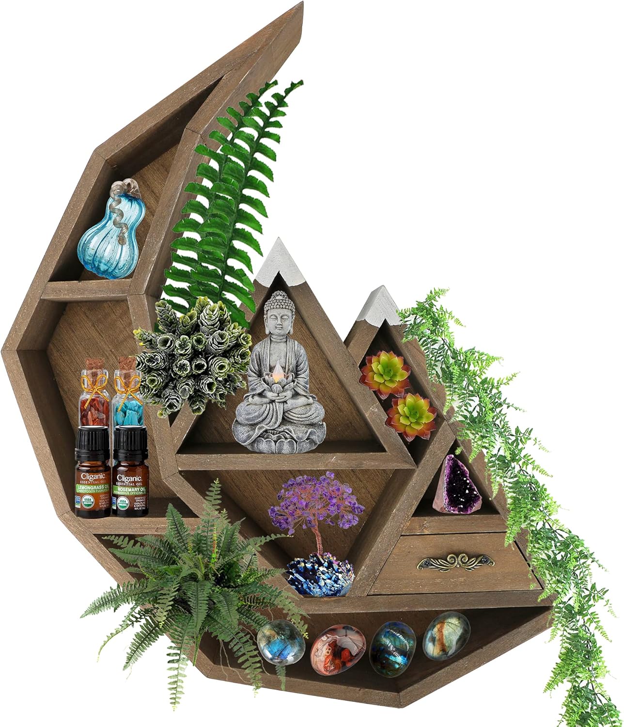 Wall Hanging Moon Shelf – 17 x 13 Inches Crescent Moon and Mountain Shelf Decor – Deluxe Crystal Holder – Easy Installation – Elegant and Modern Floating Shelf with Drawer – Witchy Room Decor Pack of 2