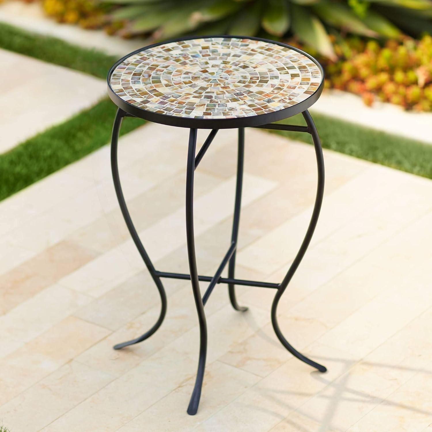 Teal Island Designs Mother of Pearl Mosaic Black Iron Outdoor Accent Table