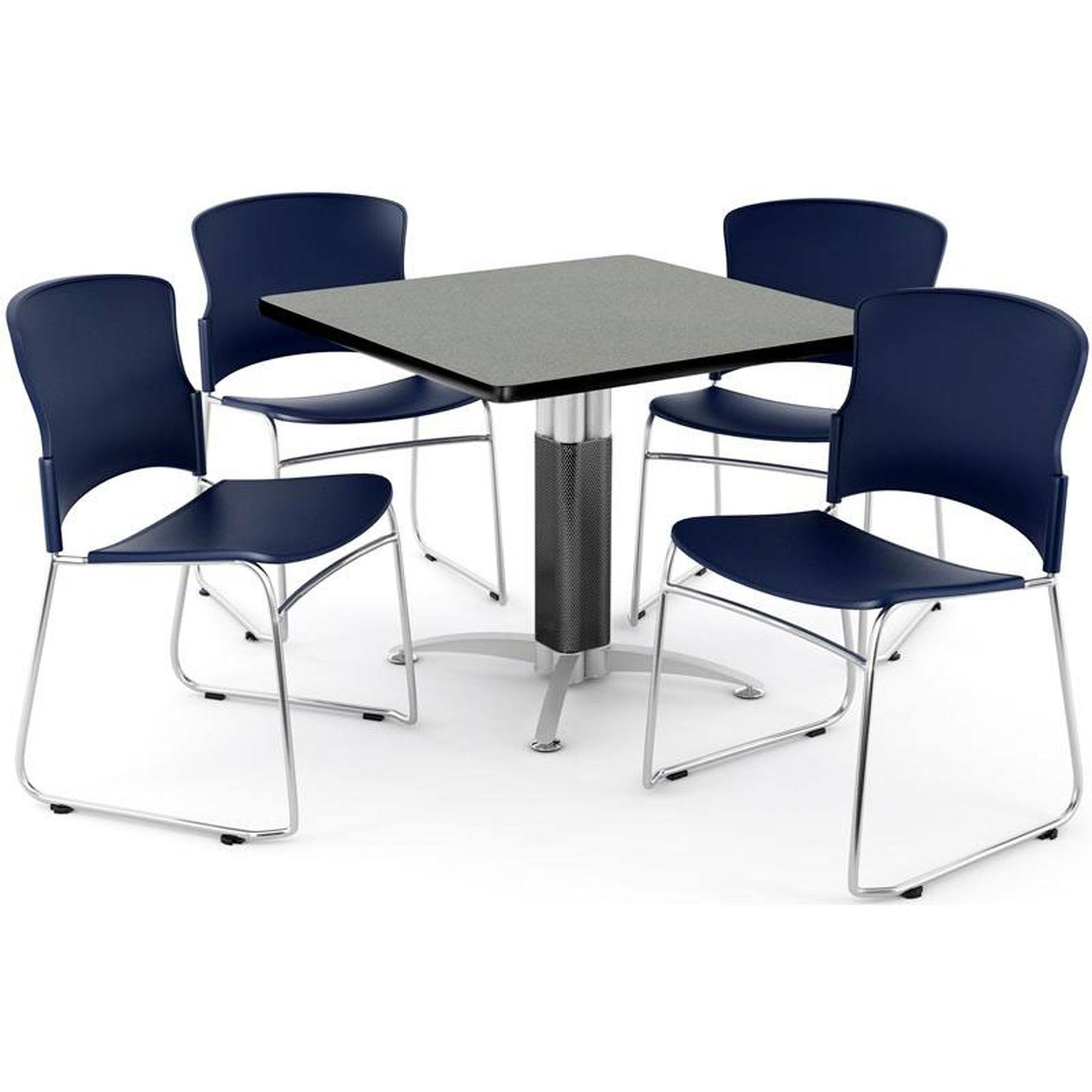 OFM Breakroom Package, 42x22 Square Mesh Base Multipurpose Gray Nebula Table with Four Navy Plastic Multi-Use Stack Chairs