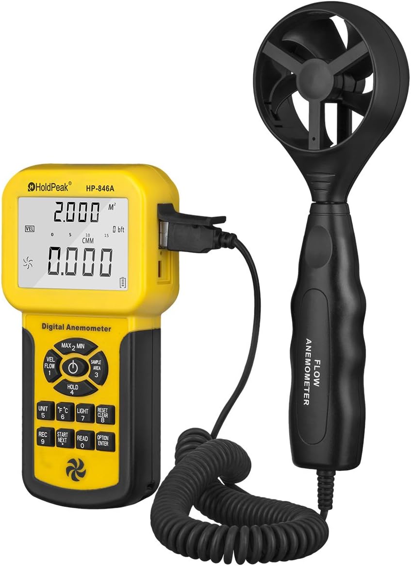 HOLDPEAK HP-856A Digital Auto Calculate CFM Anemometer for Air Flow，0.3~45m/s Air Velocity，Temperature，Wind Speed Meter with Back Light，Data Hold and USB Connect Pack of 2