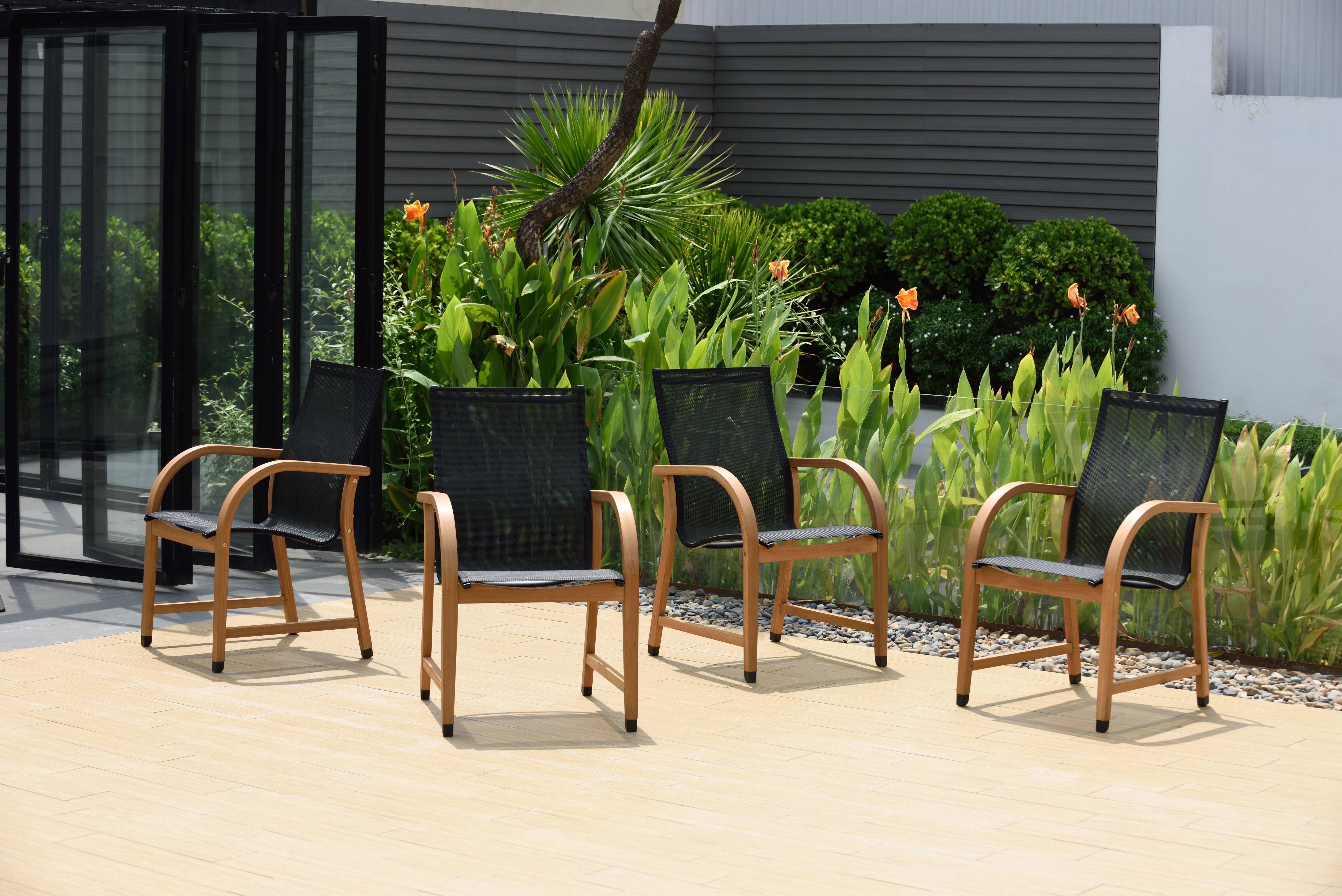 Amazonia Teak Finish and Sling Armchairs (Set of 4), Black by Ashley HomeStore