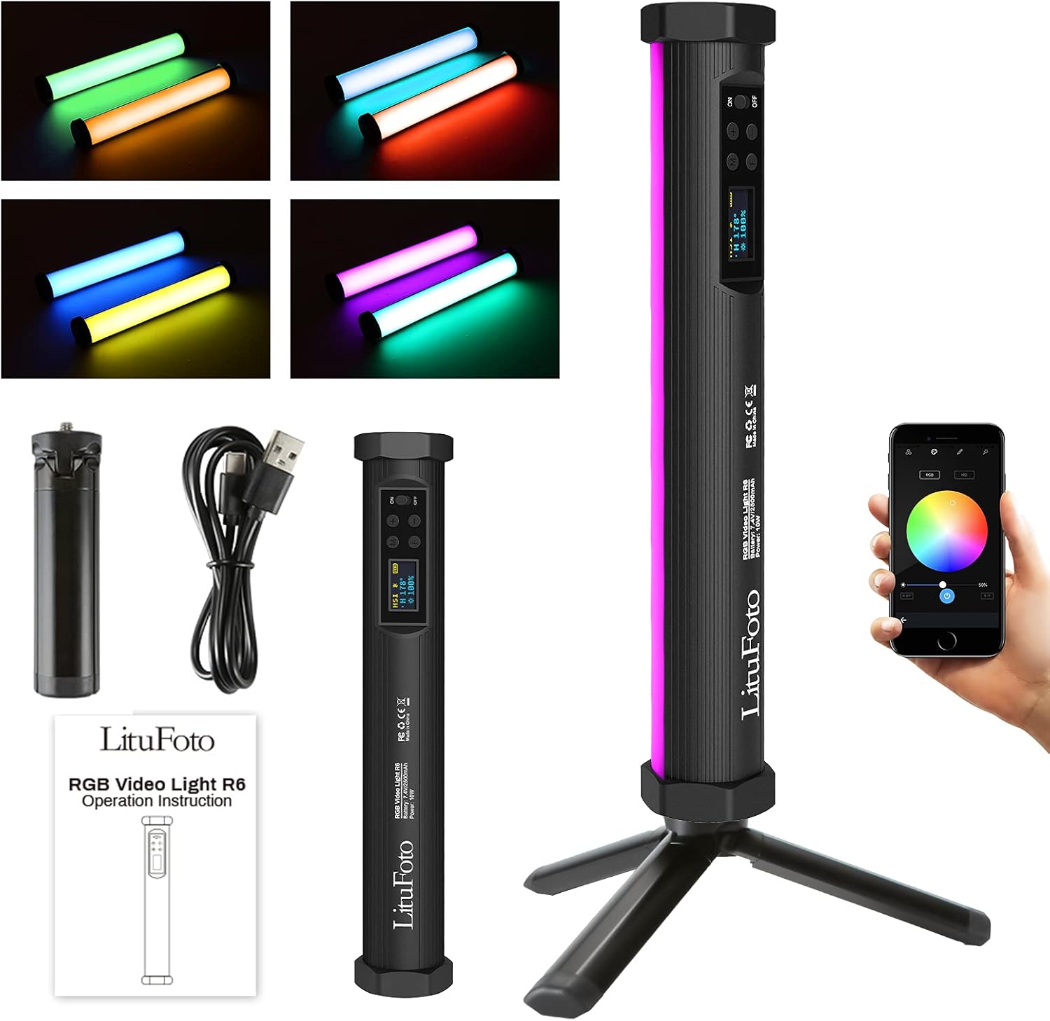 Photography Lighting Wand,R6 Handheld RGB LED Tube Light,LED Video Light Stick for video conference with Mini Tripod,Magnetic,app control, 360°full color,CRI 96+,Dimmable 3200k-7500K,9 Scenes Effects Pack of 2