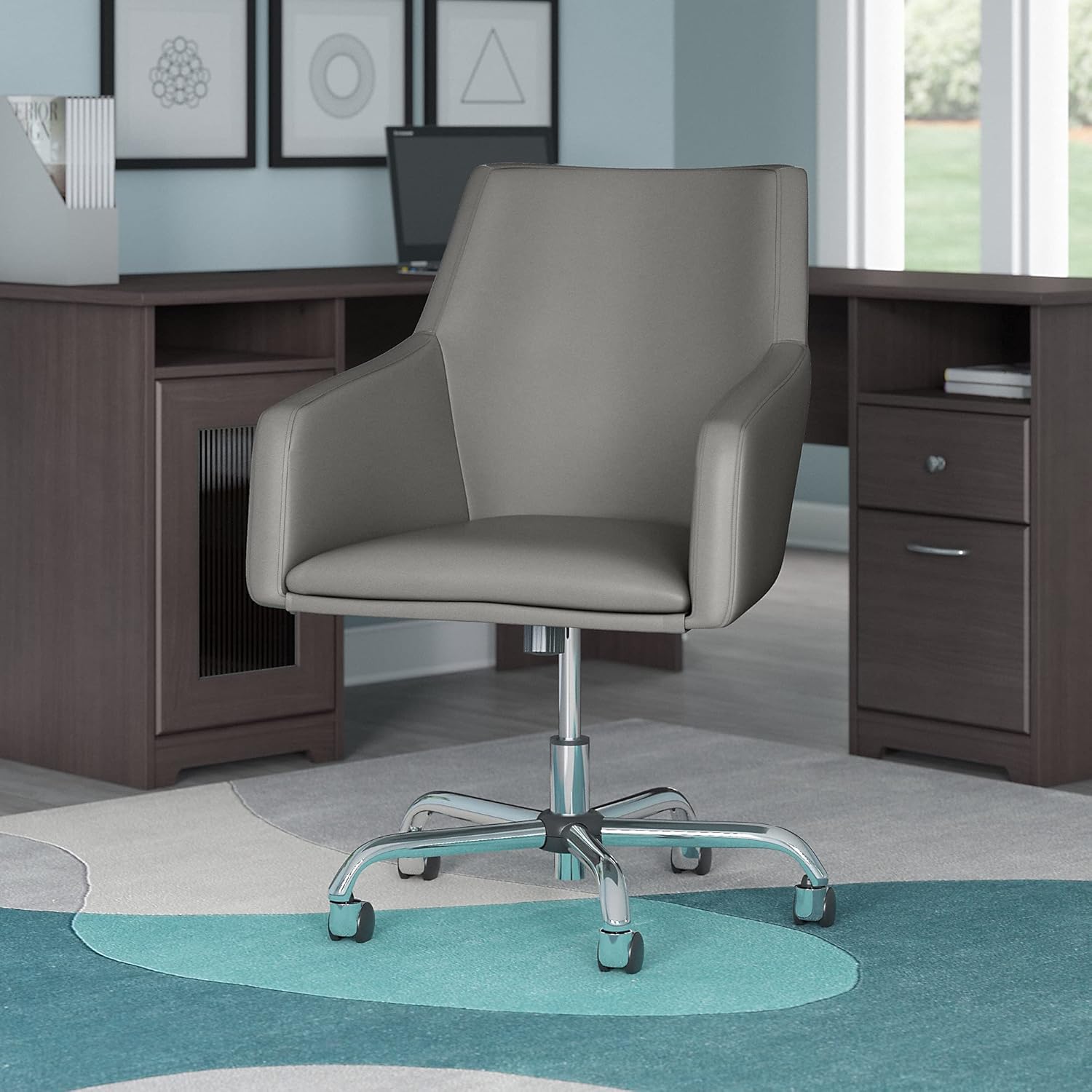 Bush Broadview Mid Back Leather Box Chair, Light Gray