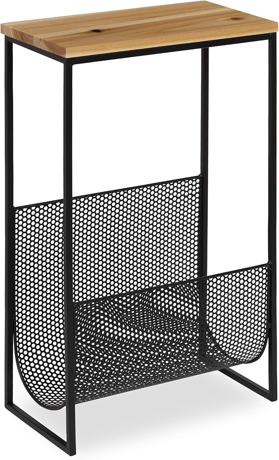 Kate and Laurel Galen Accent Side Table and Magazine Rack with Natural Wood Top and Black Metal Base Pack of 2