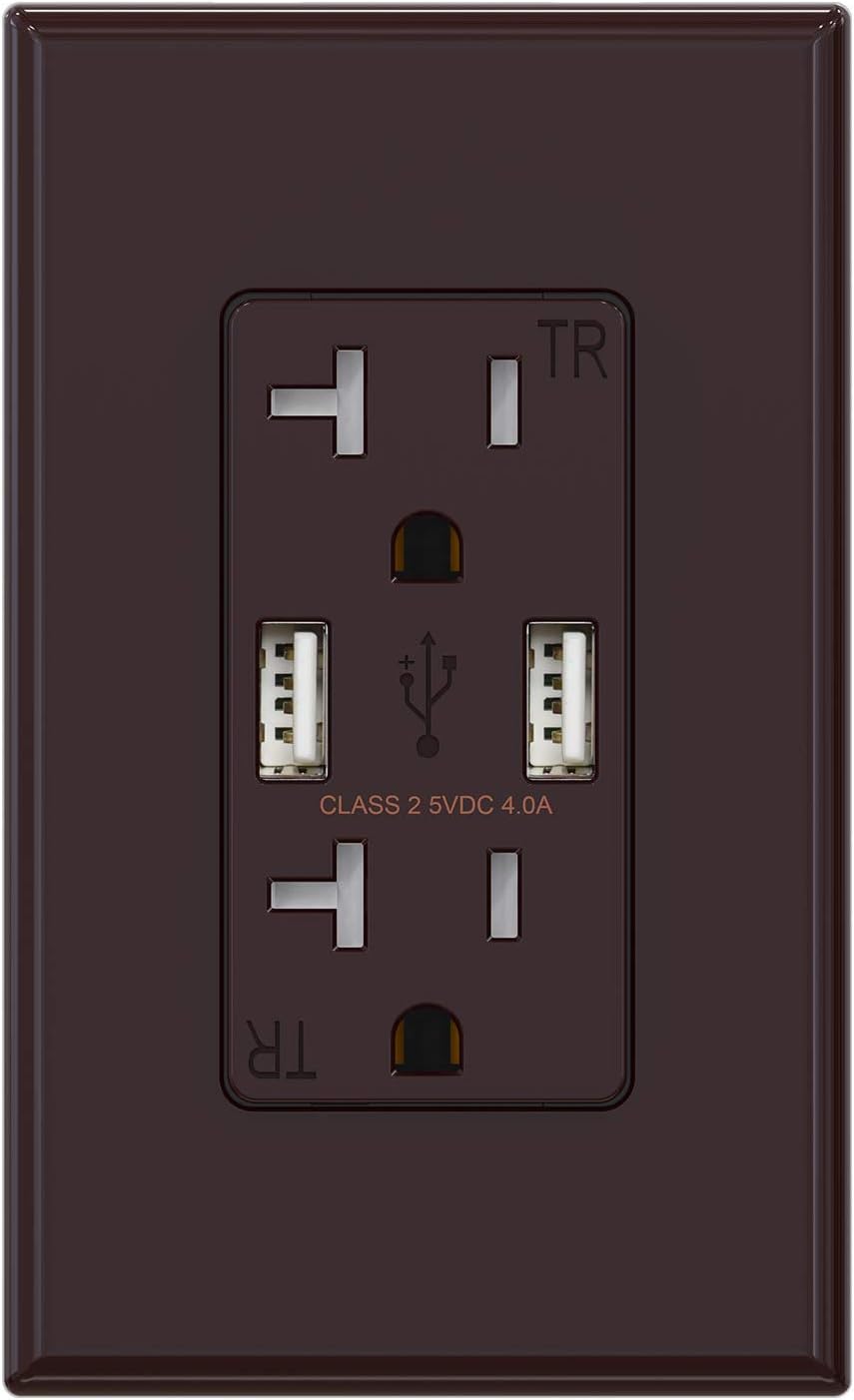 ELEGRP USB Charger Wall Outlet, Dual High Speed 4.0 Amp USB Ports with Smart Chip, 20 Amp Duplex Tamper Resistant Receptacle Plug NEMA 5-20R, Wall Plate Included, UL Listed (6 Pack, Glossy Black) Pack of 2