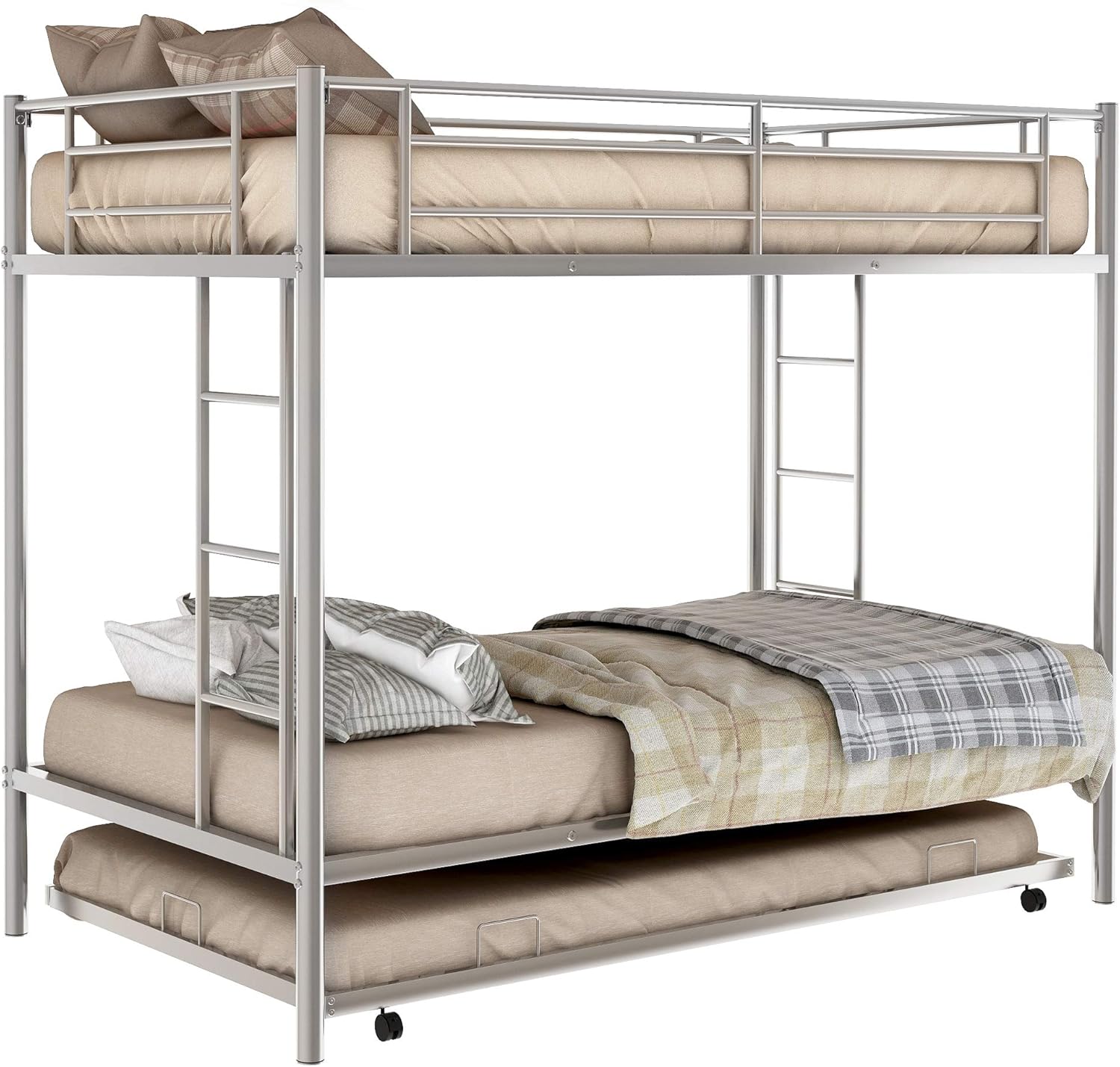 Metal Bunk Bed with Trundle,Twin Over Twin Bunk Bed Frame,Heavy Duty Bunk Beds with Safety Guard Rails and 2 Side Ladders for Adults Children Teens (Black, Twin with Trundle)