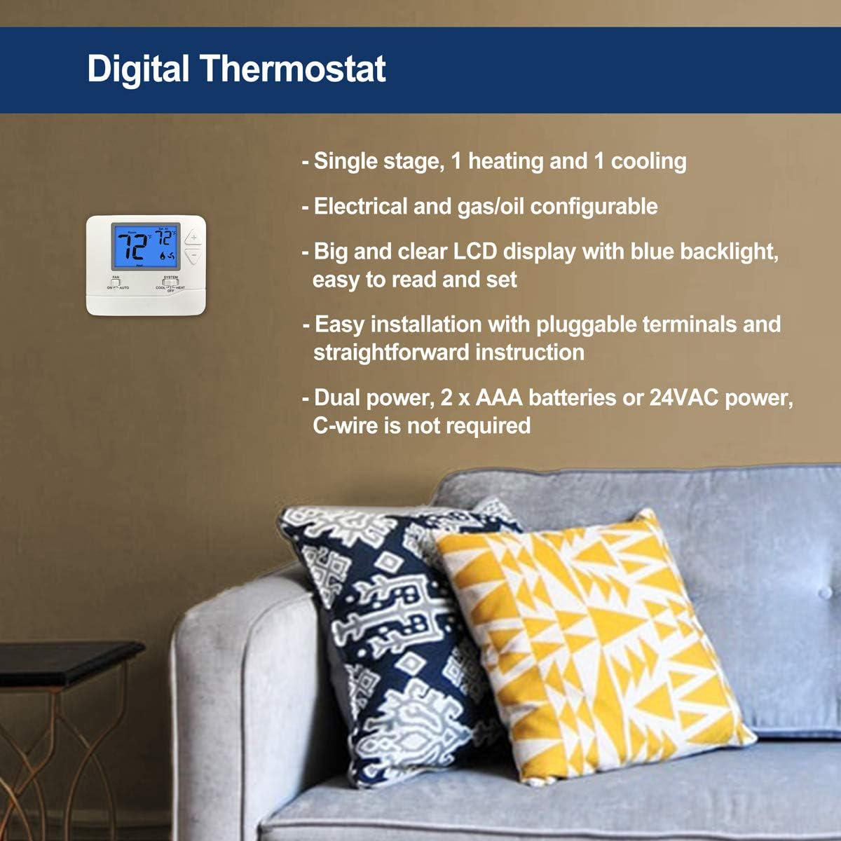 ELECTECK Digital Thermostat with Large LCD Display, Non-Programmable, Compatible with Single Stage Electrical and Gas/Oil System, Up to 1 Heat/1 Cool Pack of 2
