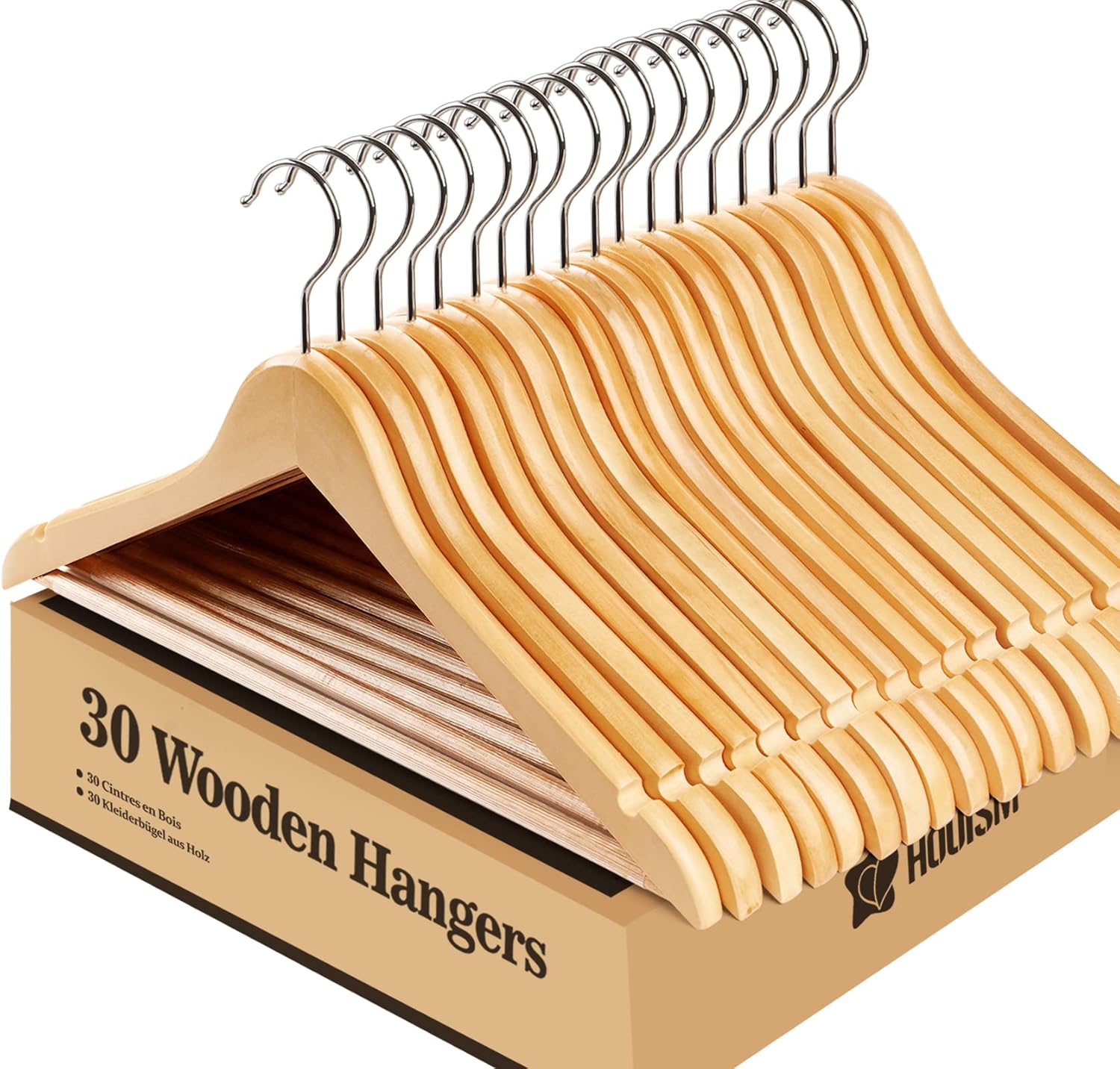 HOU&Iacute;SM Wooden Hangers 30 Pack, Solid Wooden Suit Hangers Coat Hangers with Non-Slip Pants Bar, 360&deg; Swivel Hook & Notches, Smooth Finish, Heavy Duty Clothes Hangers for Coats, Suits, Pants and Jackets