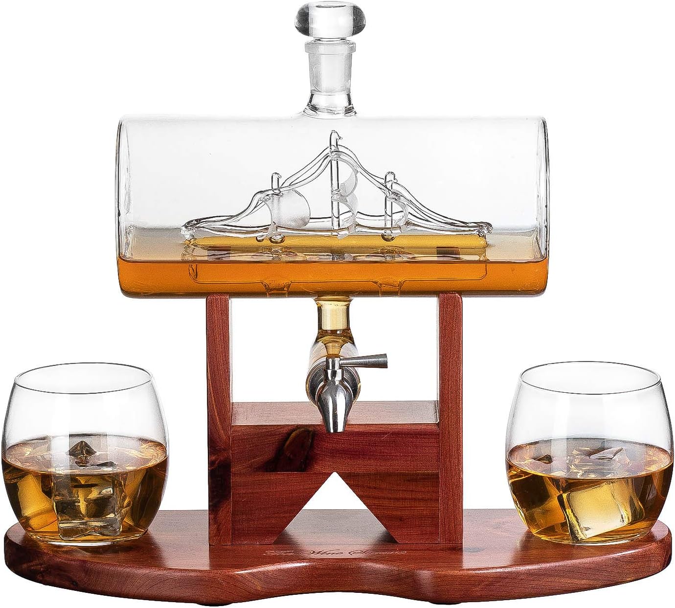 Whiskey Decanter Set, 1250ml Ship Whiskey Decanter with 2 Whiskey Glasses and Beautiful Stand Gift for Dad, Husband or Boyfriend by The Wine Savant Pack of 2