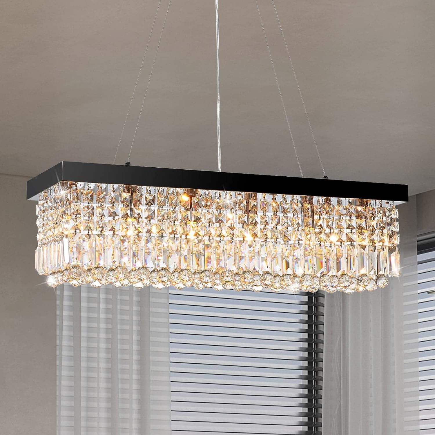 7PM Rectangle K9 Crystal Chandelier Modern Rectangular Pendant Lighting Fixture for Dining Room Kitchen Island Bedroom Black L31.5