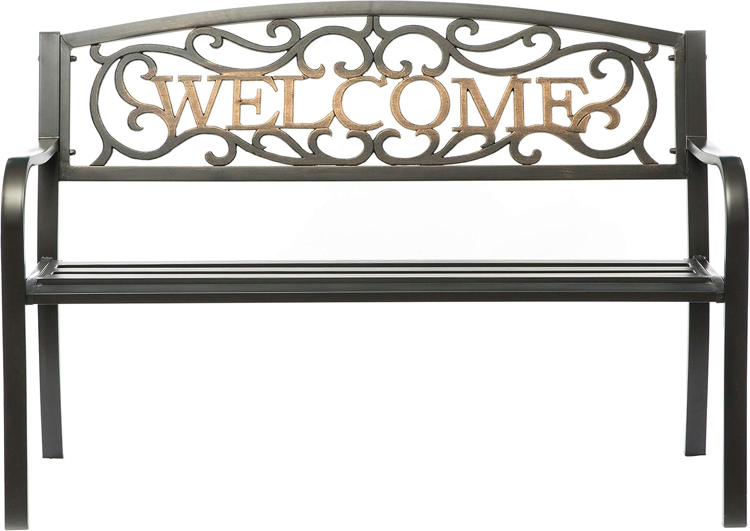 Gardenised Steel Outdoor Patio Garden Park Bench with Cast Iron Welcome Backrest, Black