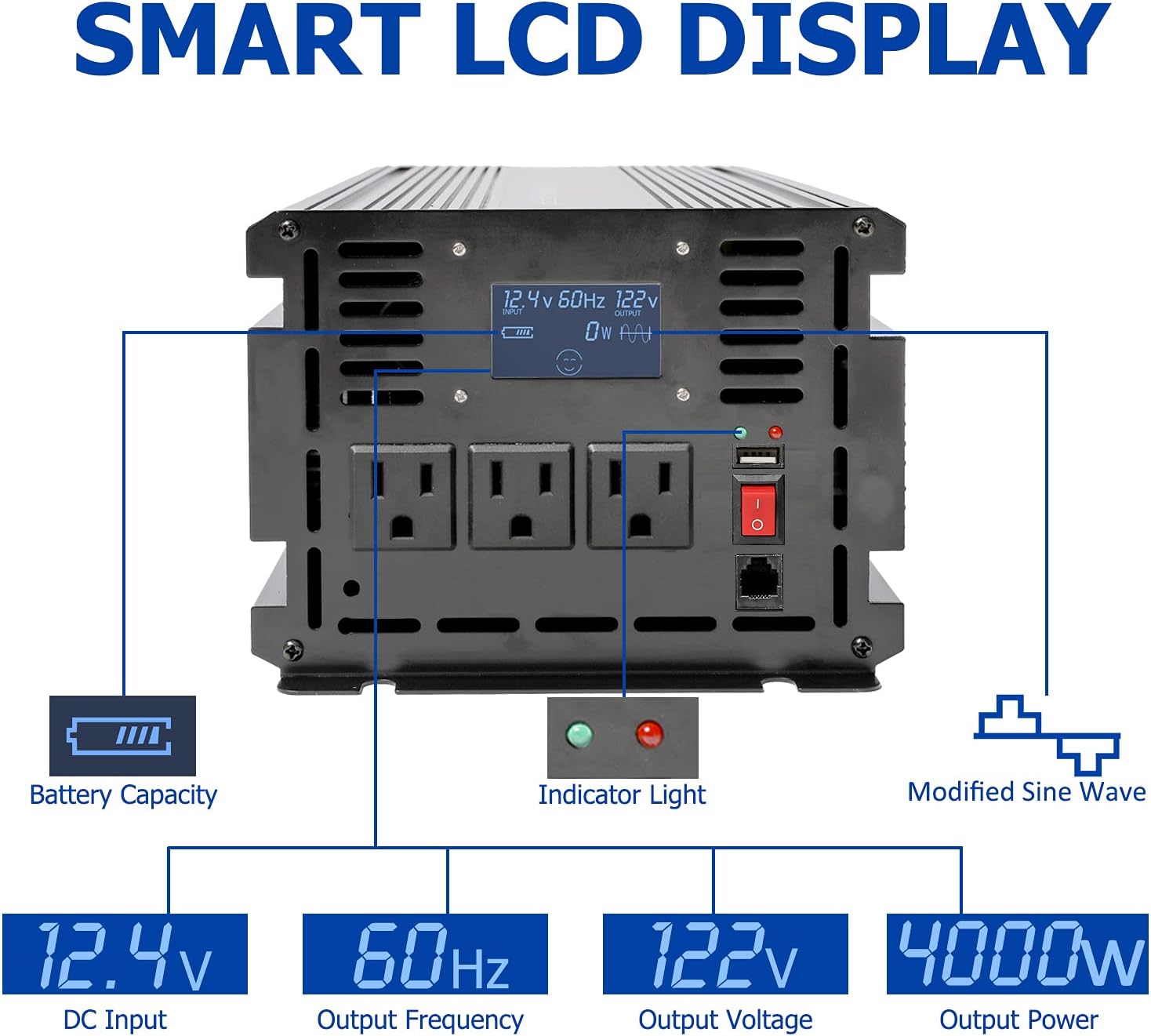 aeliussine 4000 watt Power Inverter, 12v to 110v 120v Modified Wave Power Inverter dc to ac Power Converter, 3 ac Outlet, USB Outlet, Remote Switch (4000W 12V)