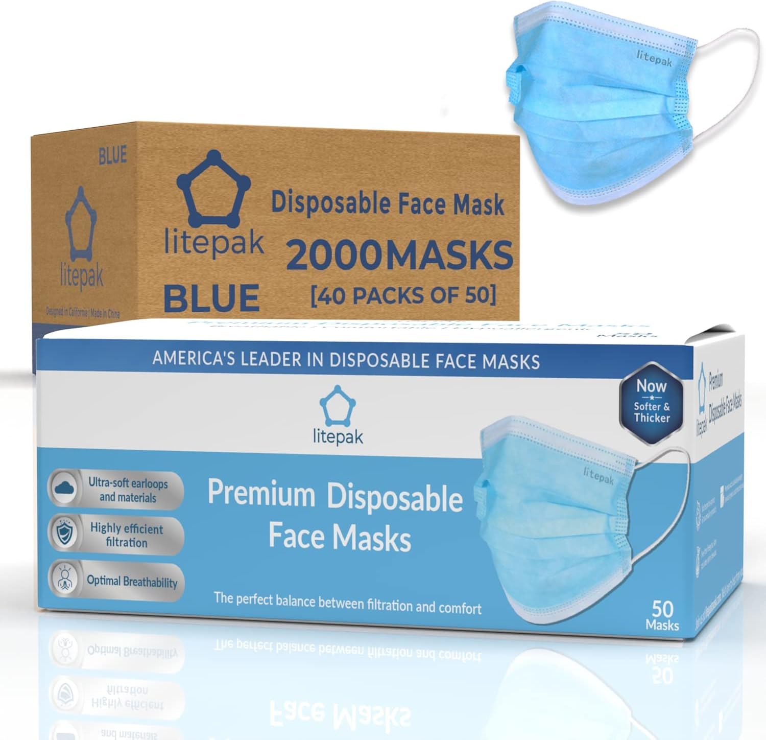 Litepak 2000pcs Premium Disposable Face Mask SOFT 3ply Nose Wire - Blue