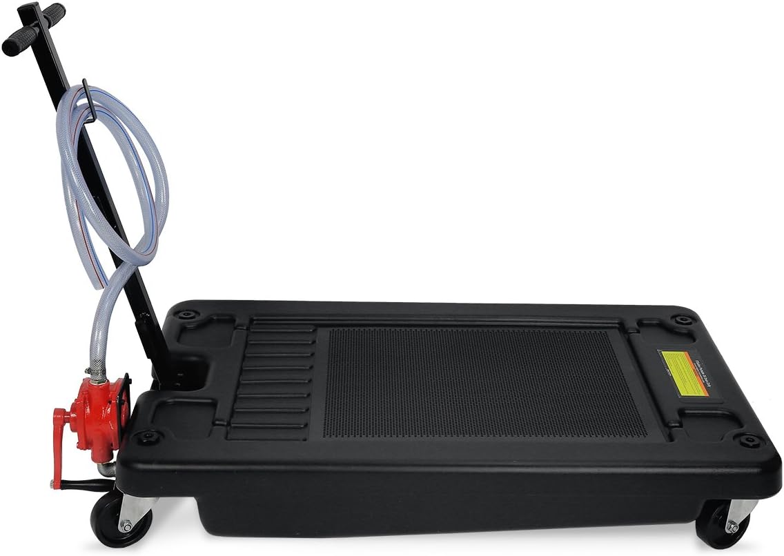 STKUSA 65040-1 17 Gallon Oil Drain Pan Pump Low Profile Large Capacity Oil Change Pan Tray Mesh Swivel Caster Wheel with Hose, Black