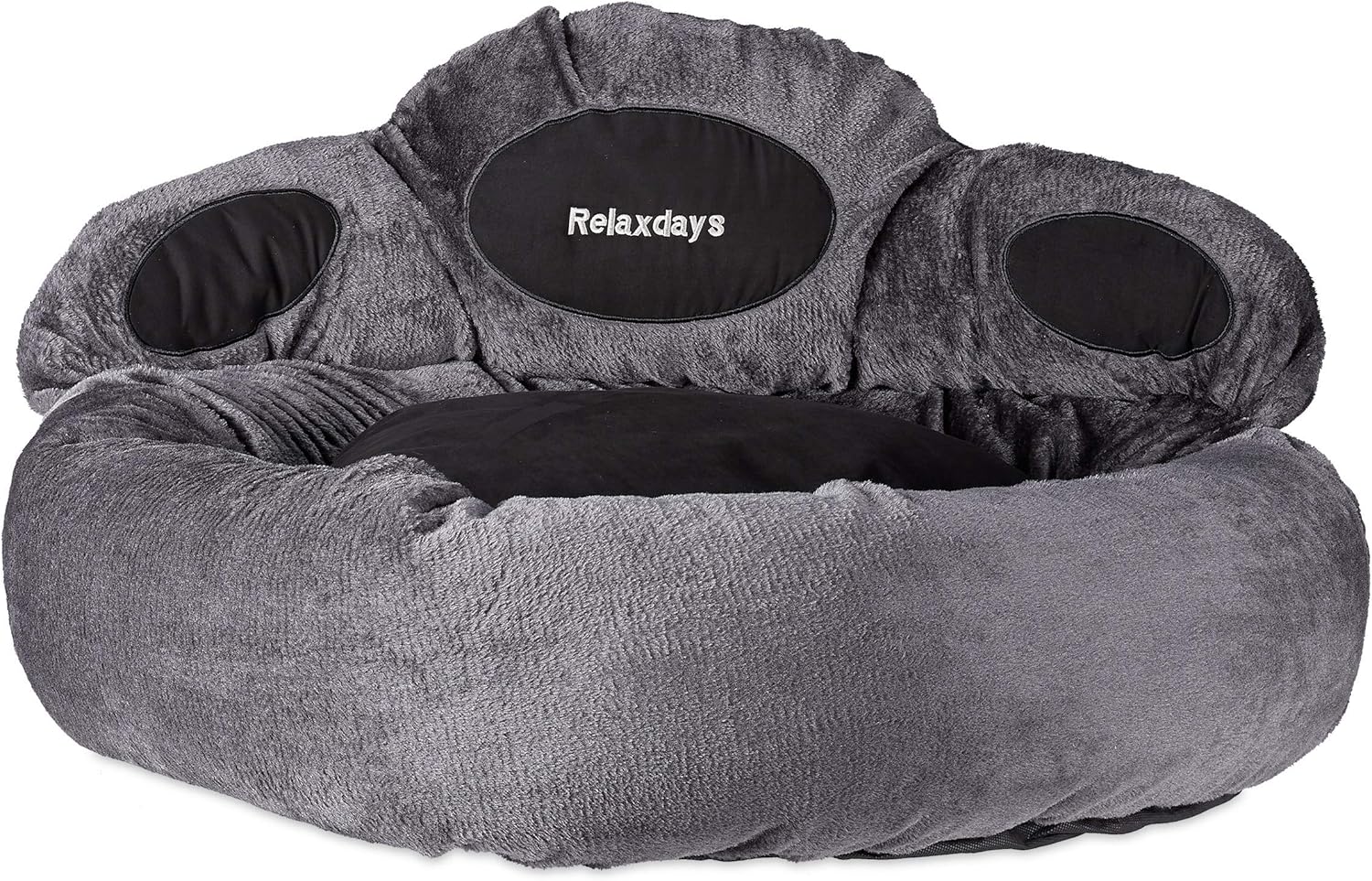 Relaxdays Dog Bed, Round Retreat for Pets, Paw Design, Removable Cover, with Pad, &Oslash;85cm, Fluffy, Grey-Black