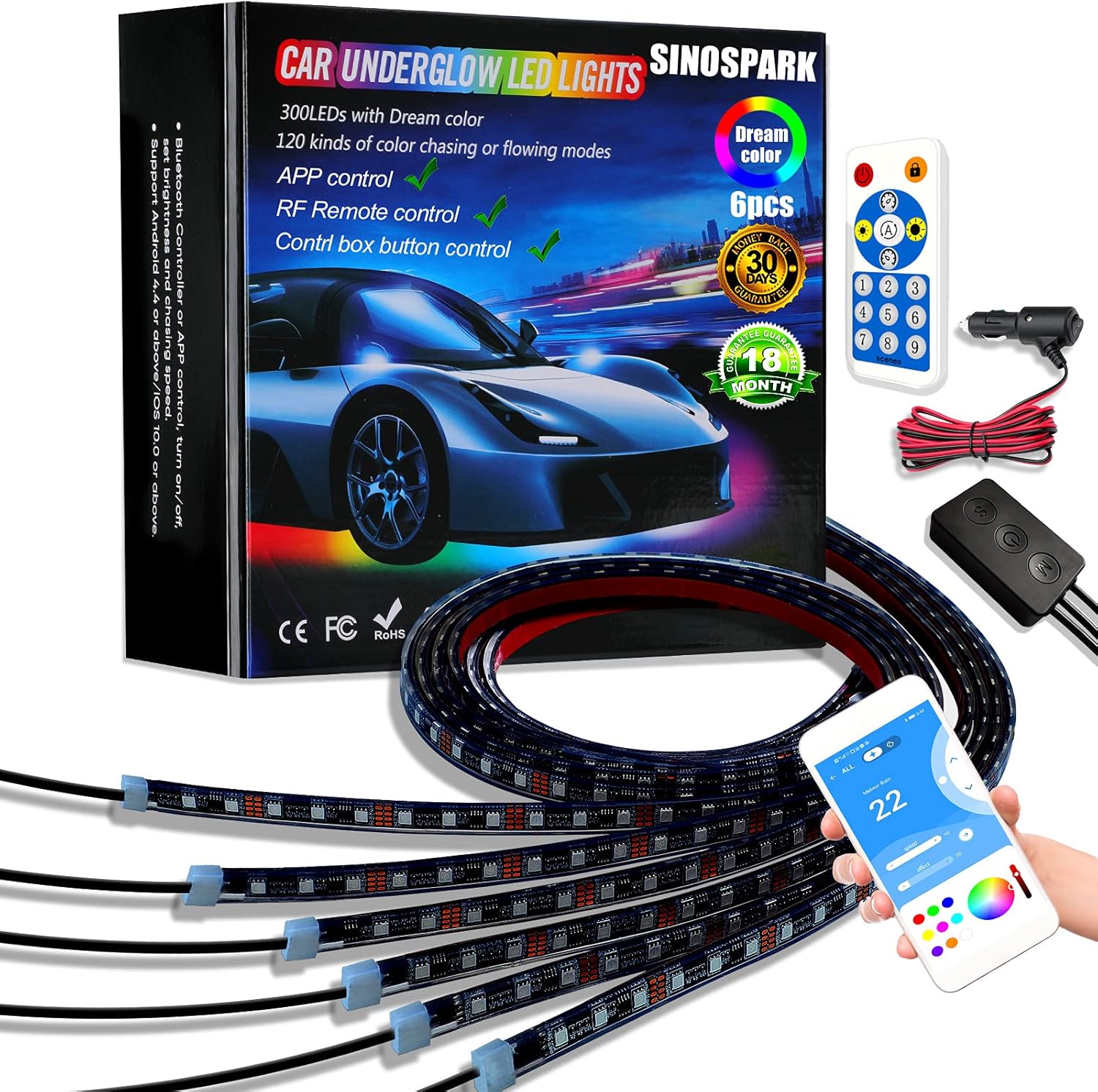 SINOSPARK Car Underglow Lights 6Pcs Music Sync Dream Color LED Car Chassis Lights Neon Underglow Kit for Cars Bluetooth Waterproof Under Car LED Lights Pack of 2