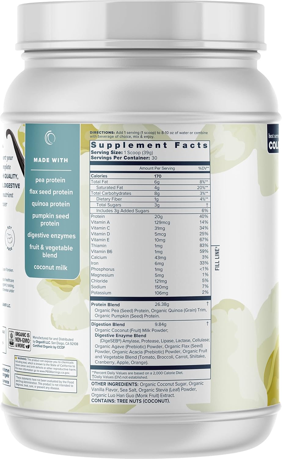 Organifi: Complete Protein - Vegan Protein Powder - Organic Plant Based Protein Drink - No Soy, Dairy or Gluten - Digestive Enzymes - Complete Vanilla Flavor - 30 Day Supply - Immunity Support Pack of 2