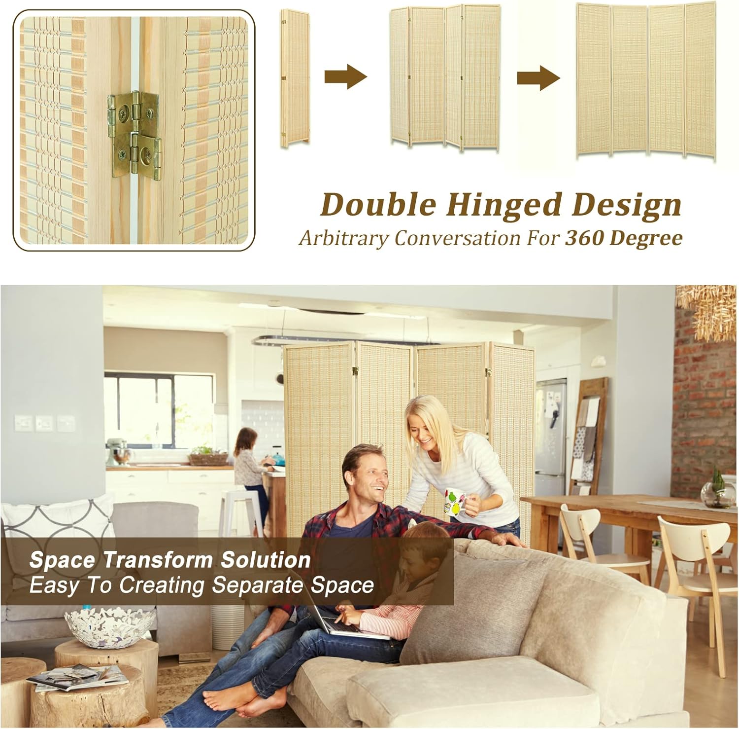 Duraspace 4 Panel Bamboo Room Divider 6ft Privacy Screen Freestanding Double Hinged Folding Screen Room Dividers Bamboo Portable Partitions for Patio Privacy