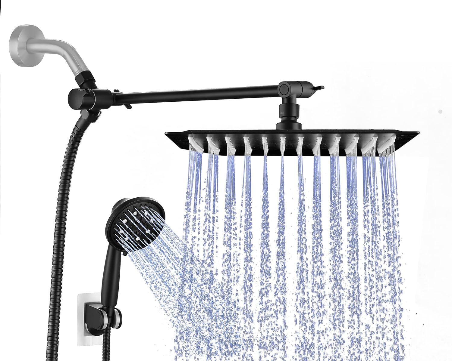 Burginwin Shower Head Combo,8'' High Pressure Rainfall Shower Head/Handheld Shower Combo with 11'' Extension Arm and 7 Spray Settings Handheld Showerhead Combo,1.5M Hose, Filter, Anti-Leak Pack of 2