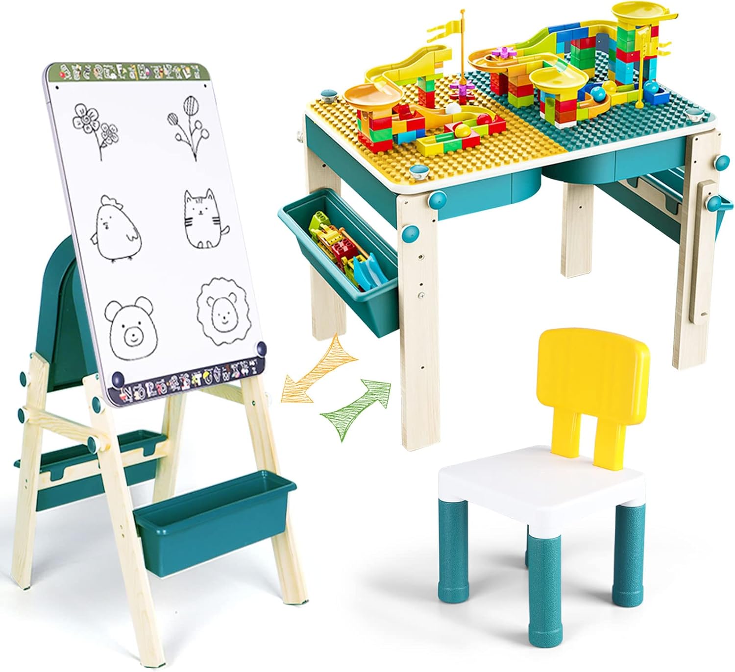 Kids Easel Activity Play Tables with Storage and Chair, 8 in 1 Multi Building Blocks Table Desk for Toddlers Transform White Magnetic Board Drawing Easel, Gift for Boys Girls Age 4-8 Playroom Indoor
