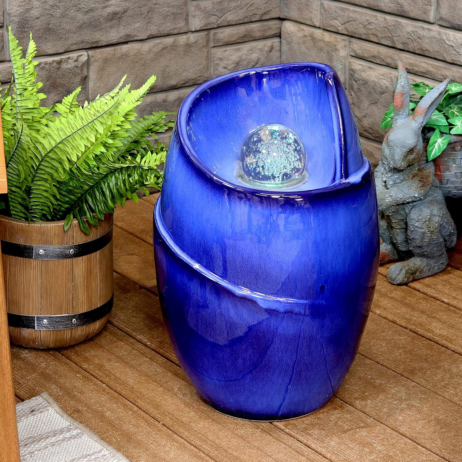 Sunnydaze Abstract Wave Ceramic Outdoor Water Fountain with LED Lights and Orb - Modern Freestanding Water Feature for Garden, Patio, Deck, Backyard, Porch and Balcony - 20.75-Inch