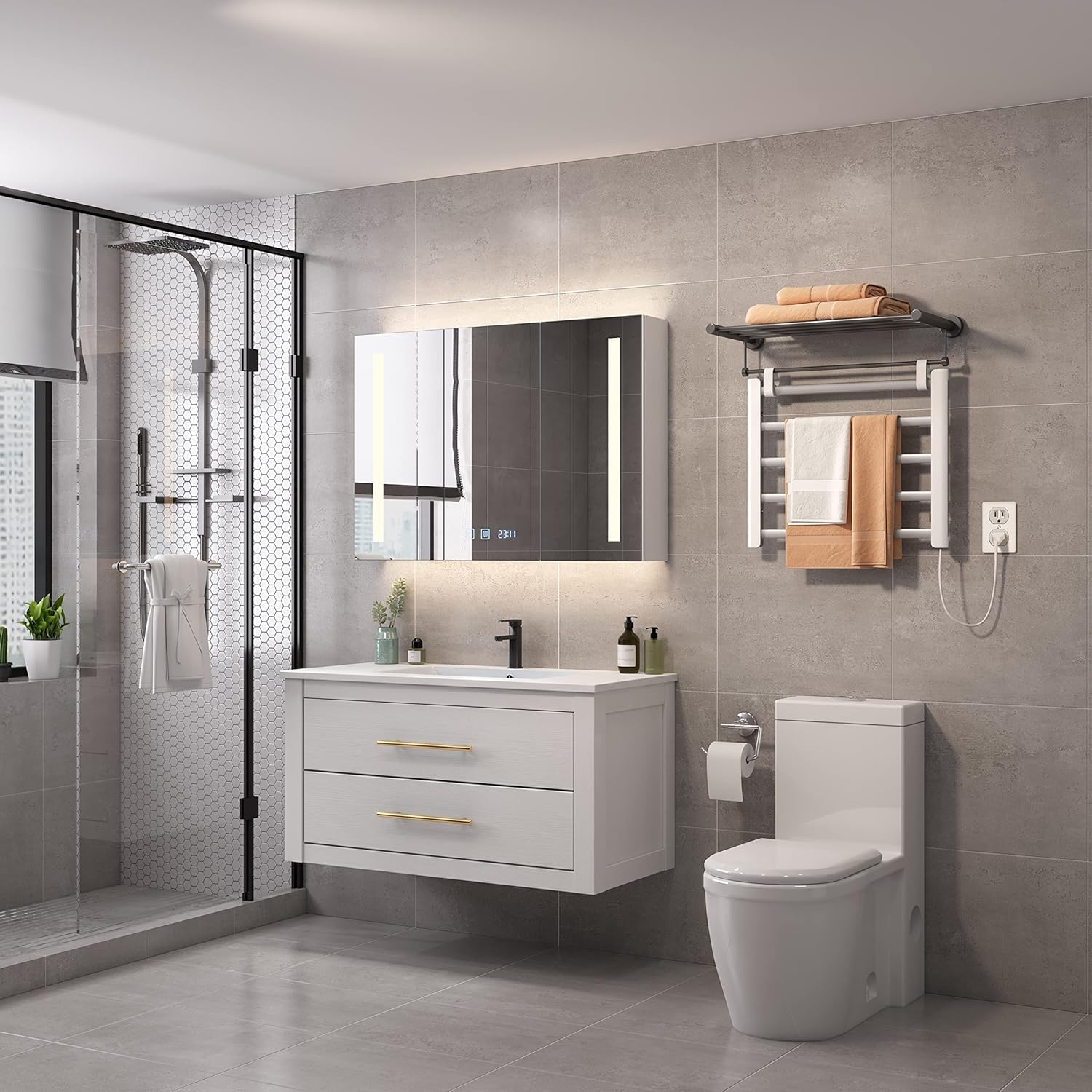 SHARNDY Electric Towel Warmer 5 Bars Heated Towel Rack Plug in Wall-Mounted Drying Rack with Hooks ETW29P Towel Heater 65W for Bathroom 17.72 x 21.65 x 3.74 inches