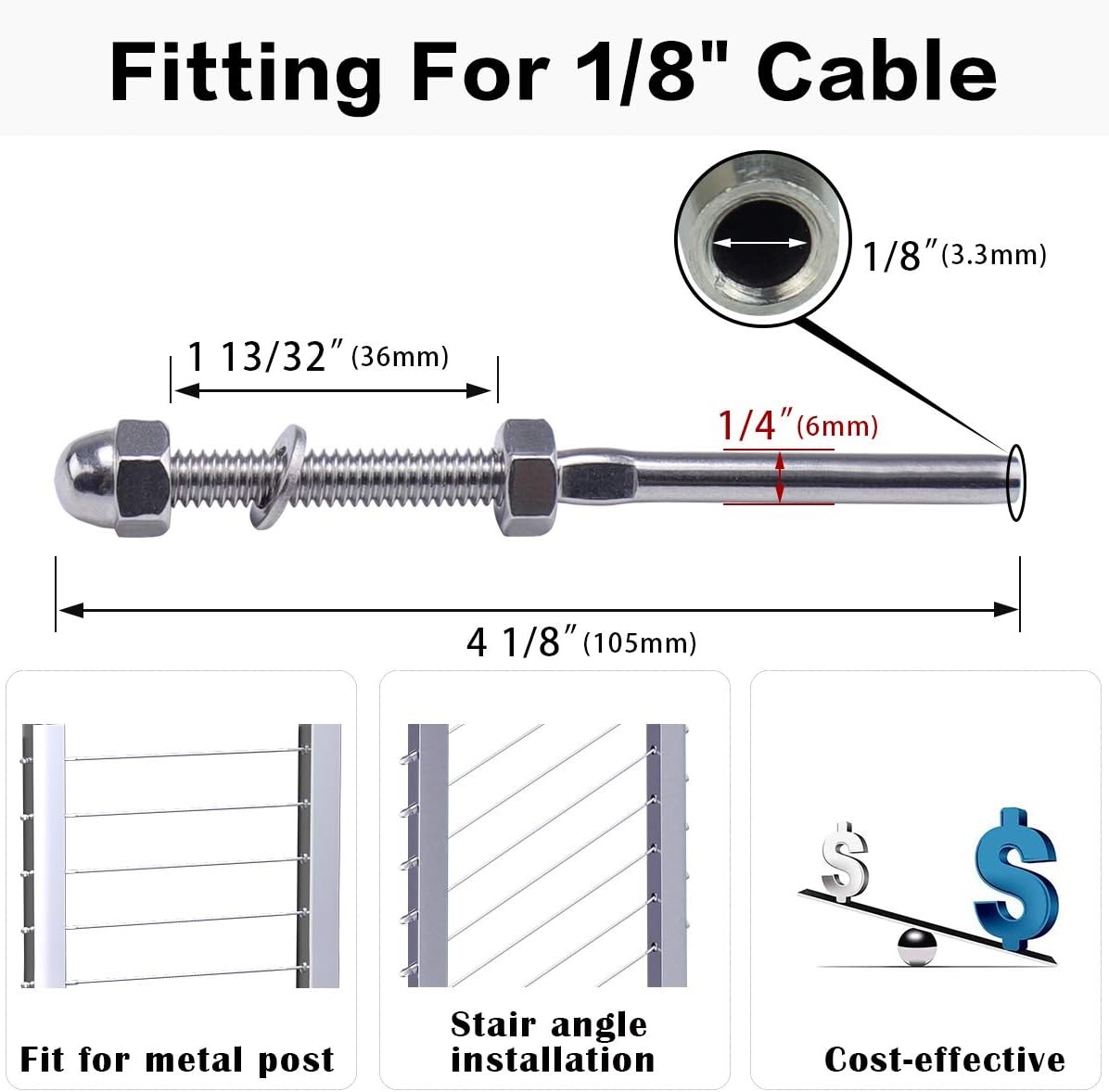 Muzata 60Pack Hand Swage Threaded Stud Tensioner 1/8
