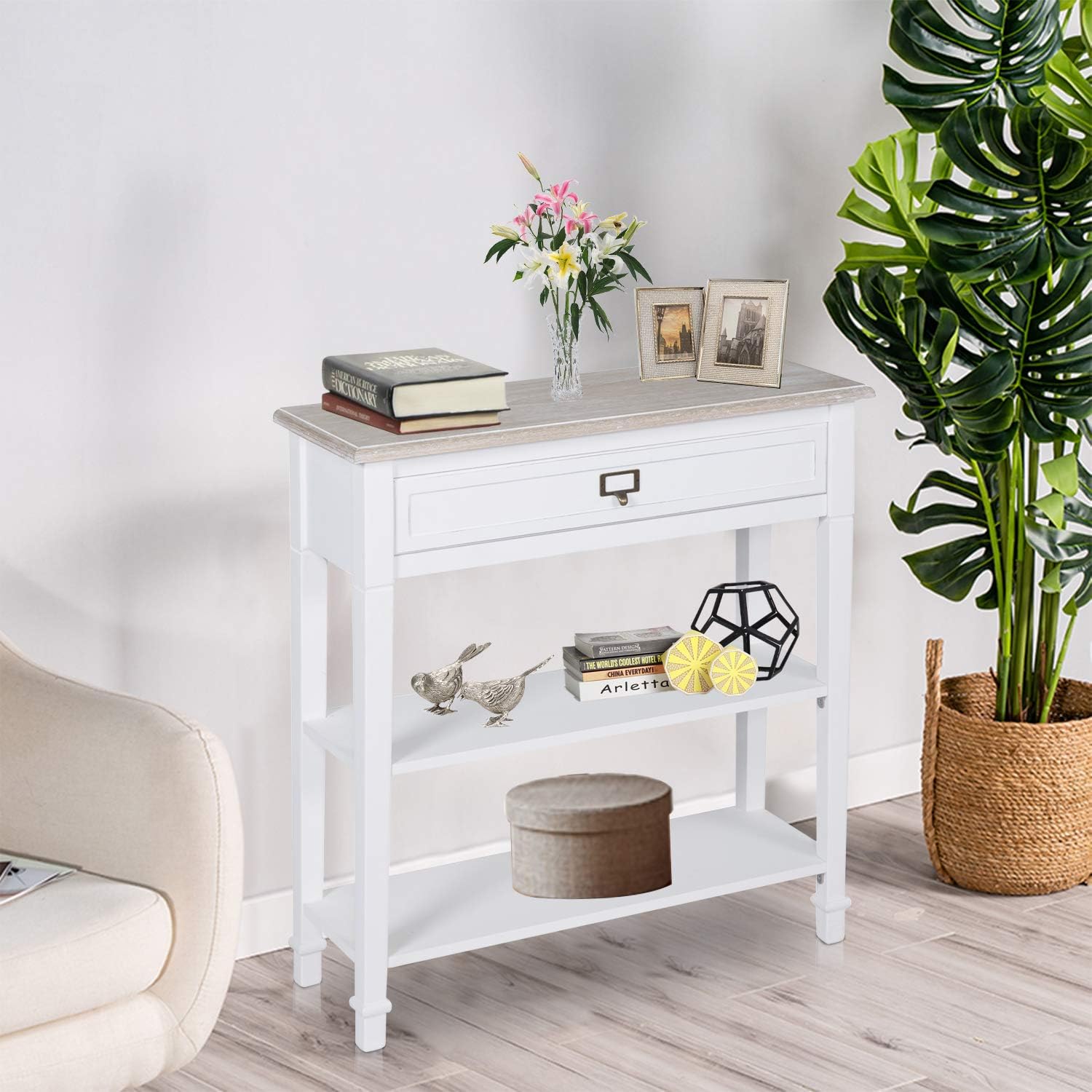 kinbor Accent White Console Table with Drawer and Shelf, Wood Sofa Table with Storage for Entryway Hallway Living Room