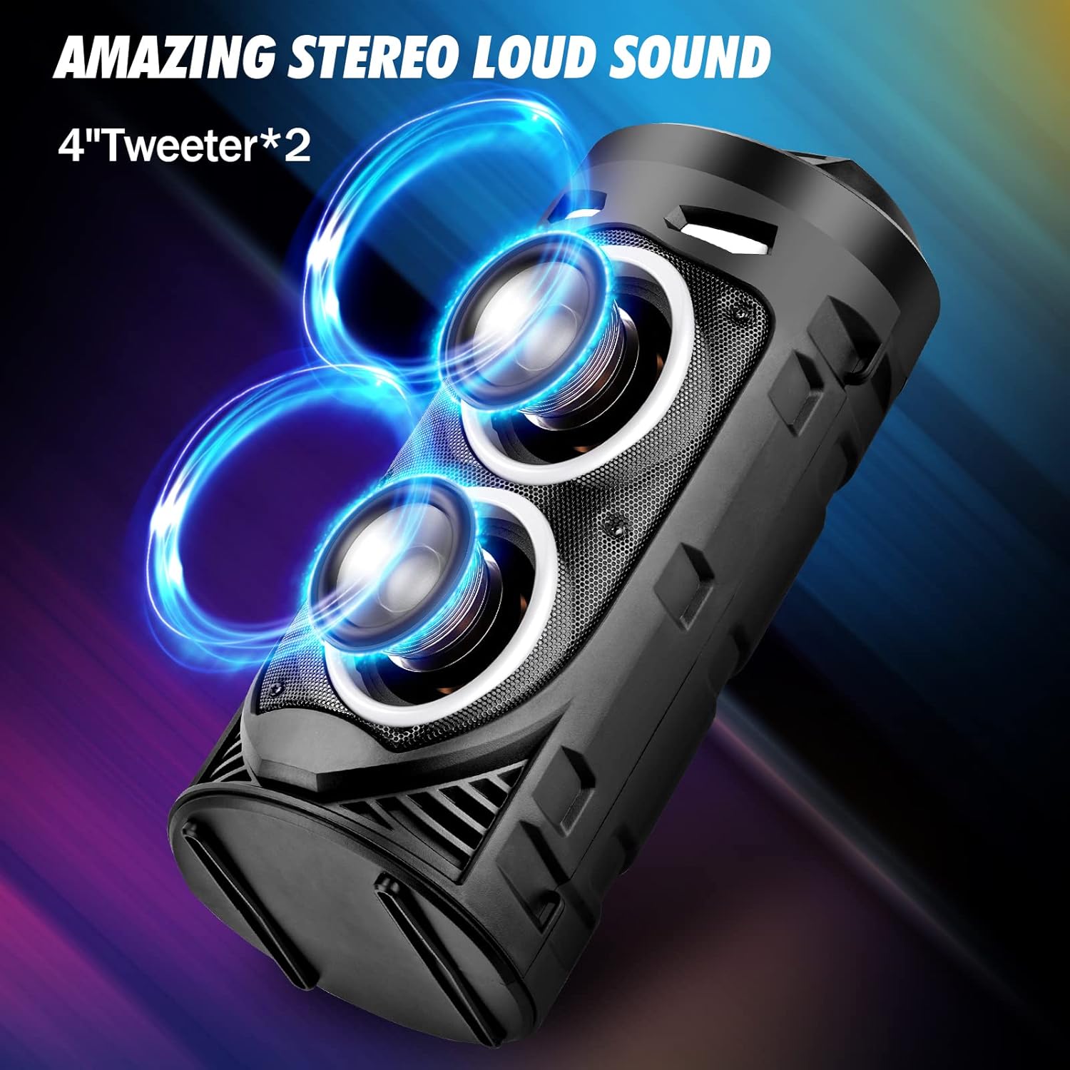 Portable Bluetooth Speaker, 30W Wireless Speaker with Double 4’’ Full Range Stereo Sound, Mixed Color LED Lights, Remote, Supports EQ, TWS, USB Playback, TF, AUX, Loud Speaker for Travel, Home, Party Pack of 2