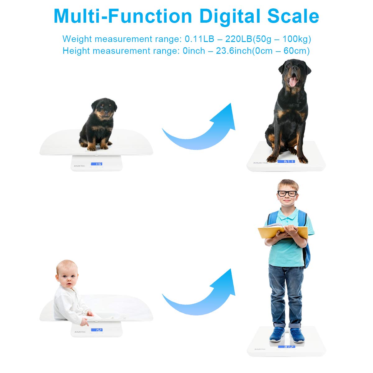 Pet Scale, Multi-Function Baby Scale, Digital Toddler Scale with Hold Function, Infant Scale Measure Adult/Puppy/Cat/Dog Weight(Max:220lb) and Height(Max:60cm) Accurately, Precision at ± 10g, KG/LB/OZ Pack of 2