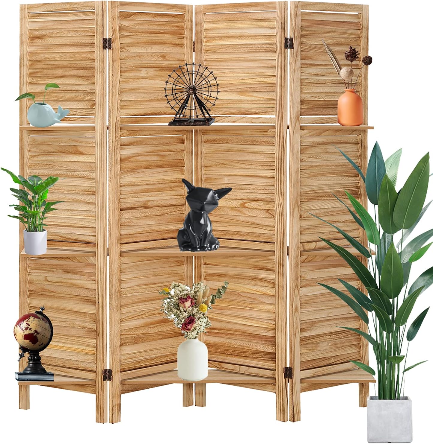 ECOMEX 4 Panel Room Divider with Shelves, Freestanding Screen Room Divider Wall, Folding Privacy Screen Partition Room Divider with Removable Display Shelves (White)