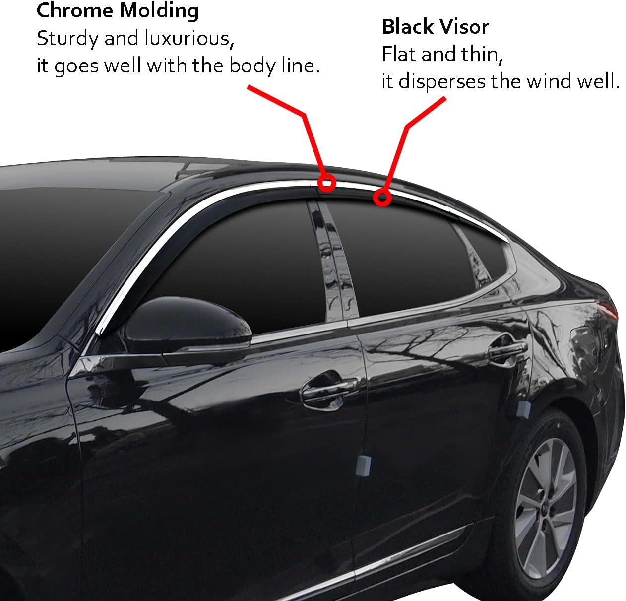 AUTOCLOVER Black Diamond Chrome Line Side Window Vent Visor 6 Piece Set for Kia CADENZA K7 2016 2017 2018 2019 2020 2021