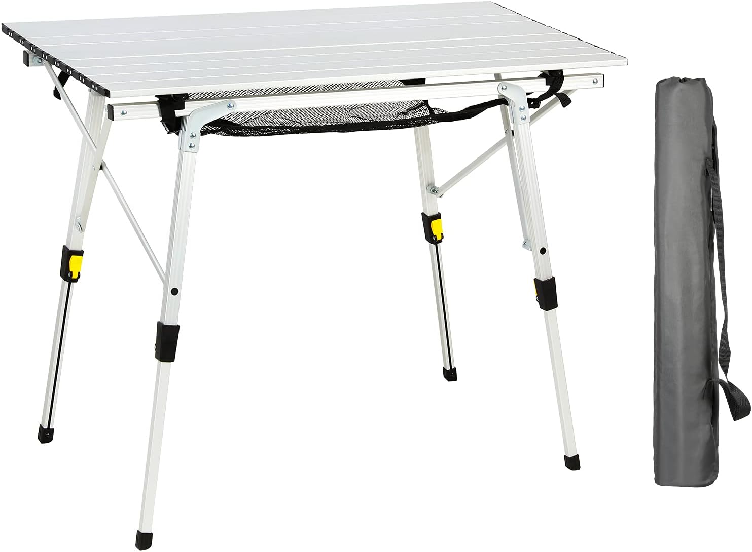 PORTAL Portable Folding Camping Table All Aluminum Ultra Lightweight Picnic Table 4 Adjustable Legs Roll Up Table Top with Mesh Layer for Beach Outdoor Travel