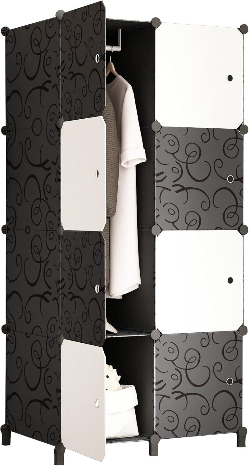 JOISCOPE Portable Closet Wardrobe，Bedroom Armoire， Storage Organizer for Space Saving，Fast Assembly and Durability，Black and White，8-Cube Pack of 2